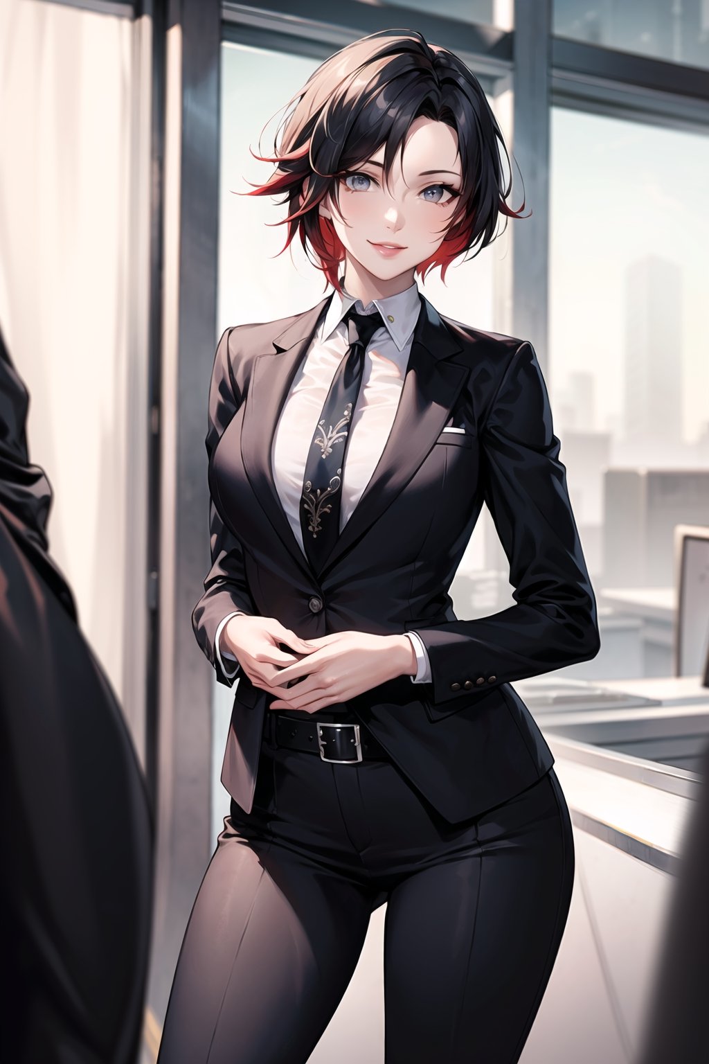 (best quality), (highly detailed), masterpiece, (official art), ruby rose:1.2, lips, smile, top jacket:1.3,black pants, belt,,necktie,  black jacket,(black suit), long sleeves, shirt tucked in,looking at viewer, shirt, black necktie, white shirt, medium breasts,window, formal, office lady,pants, business suit, suit,  (intricately detailed, hyperdetailed), blurry background,depth of field, best quality, masterpiece, intricate details, tonemapping, sharp focus, hyper detailed, trending on Artstation,1 girl, solo,high res,official art,ruby rose