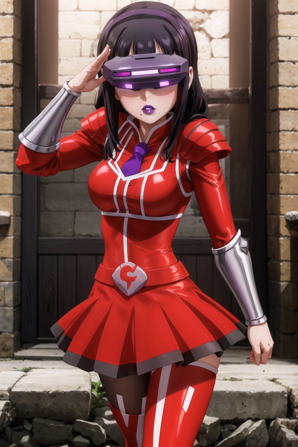 (best quality), (highly detailed), masterpiece, (official art),dia kurosawa, long hair, black hair, hairclip, blunt bangs, mature_female, 1girl, solo, ((head-mounted display)), ((purple lips:1.2)), (team flare:1.2),  gloves,((armor, juliet_sleeves:1.2)), long_sleeves , pleated skirt,  necktie, red dress, belt, red dress, (pantyhose, red footwear1.2), (lips:1.2), ((arms at sides)),, cowboy shot, looking at viewer, indoors, blurry background,depth of field, best quality, masterpiece, intricate details, tonemapping, sharp focus, hyper detailed, trending on Artstation, salute, 