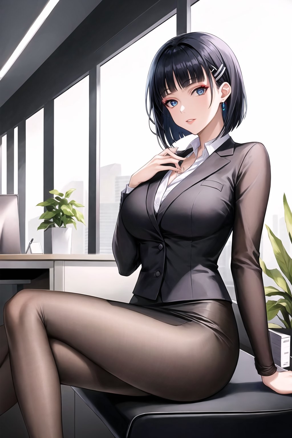 (best quality), (highly detailed), masterpiece, (official art), suguha, short hair, black hair, bob cut, hairclip, hair ornament, blunt bangs, lips, 3-piece business dress, professional attire, confident pose, modern office setting, elegant hairstyle, stylish makeup, neutral color palette, high heels, office accessories, natural lighting, corporate ambiance, subtle jewelry, sleek design, sophisticated demeanor, composed expression.  (intricately detailed, hyperdetailed), blurry background,depth of field, best quality, masterpiece, intricate details, tonemapping, sharp focus, hyper detailed, trending on Artstation,1 girl, solo,high res,official art