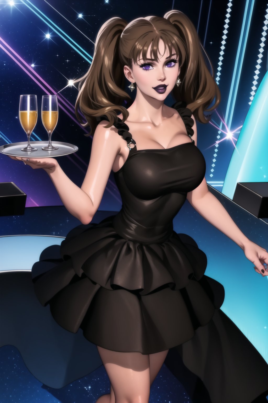 (best quality), (highly detailed), masterpiece, (official art),  diane,twintails, brown hair ,purple eyes, solo, smile, lips:1.2, black lips:1.4, lipstick:1.2, beautiful 1girl wearing a earthy black (idol dress:1.3), idol ,layered skirt, frills, ribbon, bow, sequins, looking at viewer, (state, state ligth, neon lights), ,,hd quality, perfect face ,realistic, realistic body , perfect face sync, StandingAtAttention,,b1mb0, holding tray, tray, alcohol