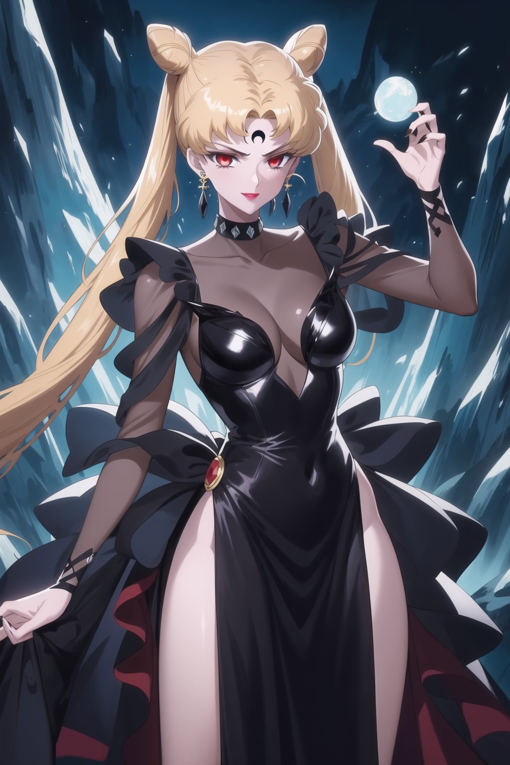 evil smile, red eyes, jewelry,  earrings, makeup, facial mark, lipstick,  forehead mark, crescent facial mark, black crystal earrings,crescent, , dress,black dress, see-through,,side slit, .,aausagi, double bun, twintails,parted bangs, blonde hair
(best quality), (highly detailed), masterpiece, (official art), A dark and mysterious female character inspired by classic anime style,  She has a cold, expressionless face with pale skin and dark, bold lips, giving her a commanding and intimidating presence.  The overall atmosphere is dark and mysterious, with a sense of power and control emanating from her poised stance