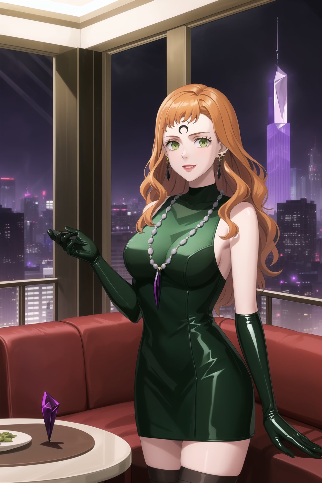 (best quality), (highly detailed), masterpiece, (official art),mimosa vermillion, orange hair, green eyes. bangs, lips, smile,
((Forehead mark, crescent facial mark, black crystal earrings, jewelry)).  Dark  dress, black latex, black sleeveless dress, turtleneck_dress, short dress, elbow gloves, green gloves, thighhighs, large necklace, ((gemstone necklace:1.2)), standing,
Modern luxury lounge with dim lighting, featuring sleek black leather sofas, glass tables, and soft ambient lighting from wall sconces. A large window in the background reveals a city skyline at night, adding a touch of sophistication to the scene.,b1mb0