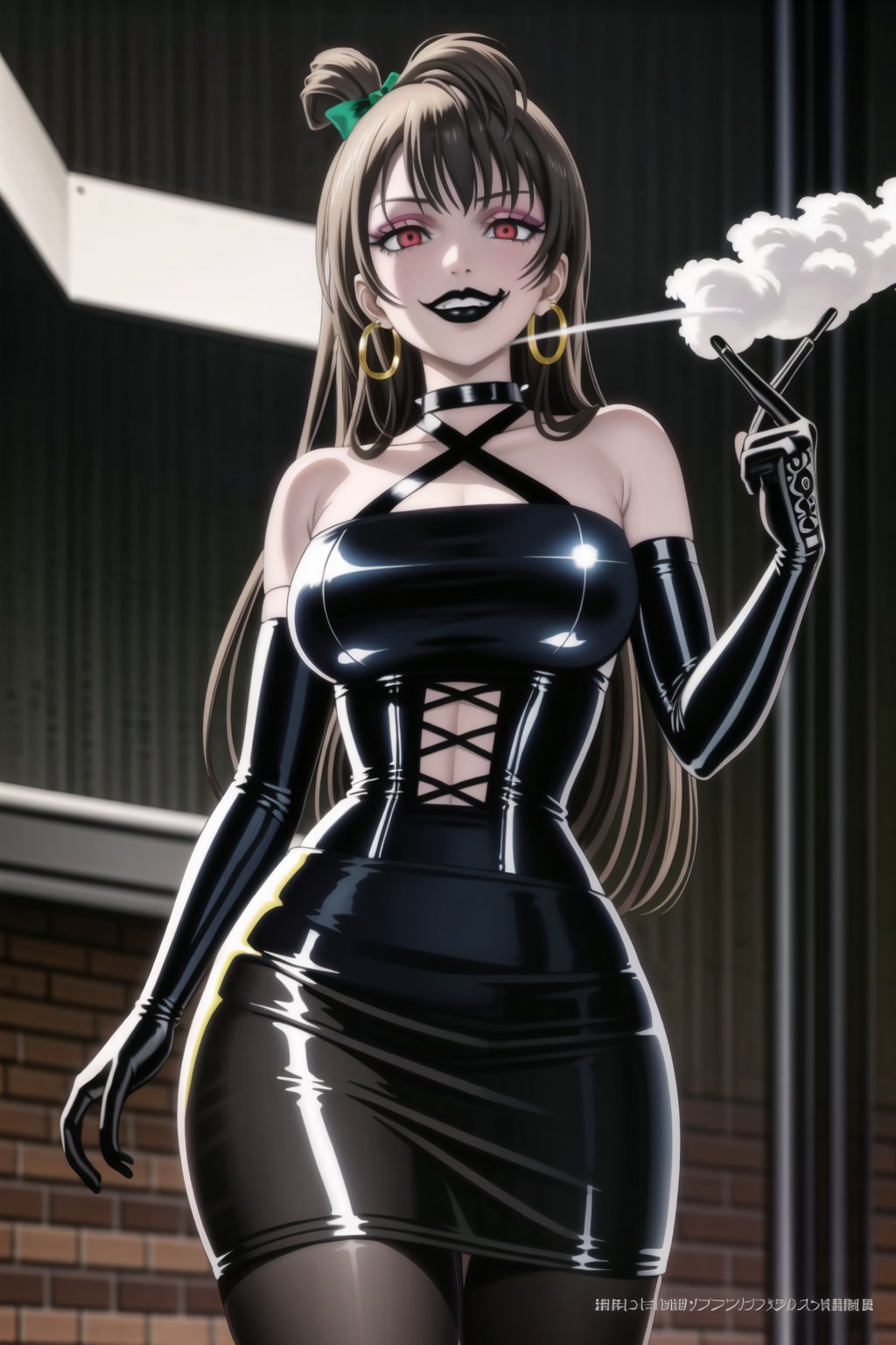 ((best quality)),  ((highly detailed)),  masterpiece,(Black lips:1.4), (white skin:1.4), ((official art)),  detailed face,  beautiful face, (cross-laced clothes:1.3), narrow_waist:1.3, dominatrix:1.4 , (intricate Black dress:1.4), (detailed eyes,  deep eyes),science fiction, cyberpunk:1.3, street,  pose:1.3, smoke:1.3, holding cigarette:1.3, smoking:1.2,((smirk, grin, naughty face, seductive smile, smug)) ,cowboy shot,(lips), minami kotori, long hair,  bangs, hair bow, green bow, (red eyes:1.3),   (spiked bracelet), corset:1.4, (black hoop earring:1.3), curvaceous, voluptuous body, (makeup:1.5) (lips:1.3), (latex:1.3),  (black tube top:1.2), gloves,(elbow gloves:1.2), skirt, black choker, pencil skirt, pantyhose, miniskirt, (black skirt), black gloves, black legwear, black nails,large breasts:1.2, (intricately detailed, hyperdetailed), blurry background, depth of field, best quality, masterpiece, intricate details, tonemapping, sharp focus, hyper detailed, trending on Artstation, 1 girl, solo, high res, official art,,<lora:659111690174031528:1.0>