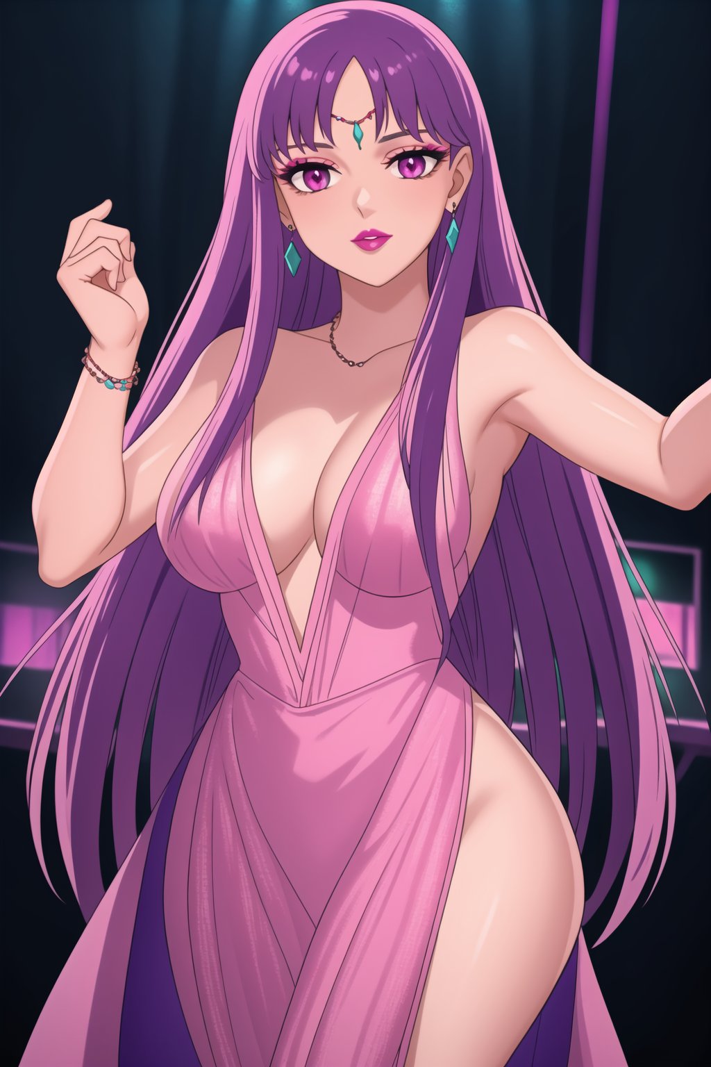 In a dimly lit nightclub scene, Saori's purple hair shines like a beacon under the neon lights. Her long hair flows like silk as she dances seductively, her makeup and lipstick perfectly applied. Pink eyes gleam with a subtle sparkle, and her black earrings catch the light. Marinette's perfect face syncs with her body, showcasing a realistic, curvaceous physique. From a cowboy shot perspective, her large breasts are accentuated, drawing attention to her stunning features. V3il's forehead jewel gem glints in the night, adding an air of mystique to this captivating scene.