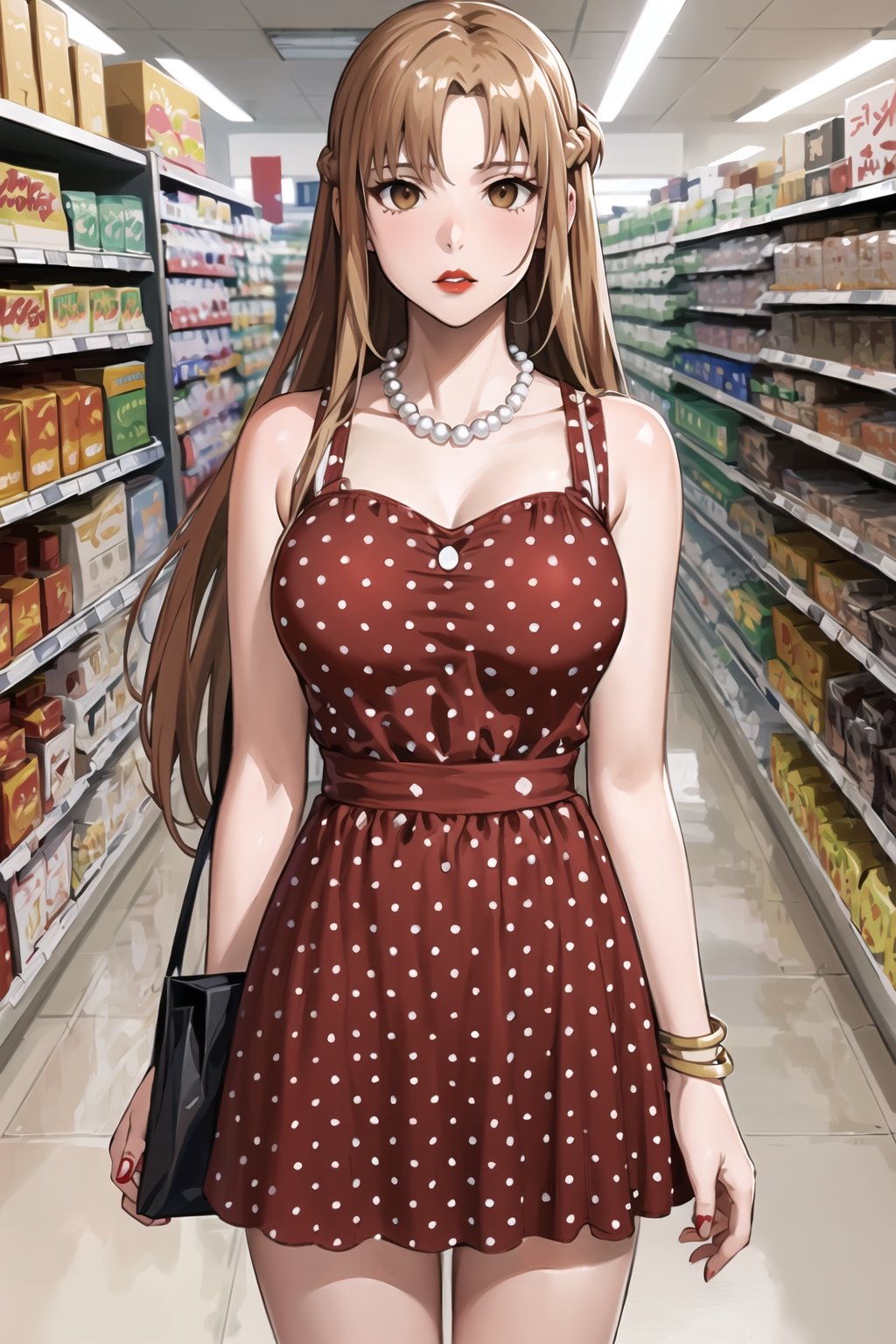 (best quality), (highly detailed), masterpiece, (official art),(aaasuna, long hair, brown hair, braid, brown eyes),(Stepford),lips, makeup, lipstick,(red lips:1.3),expressionless, (attractive figure, empty eyes:1.3, hypnoLora),large breast,(polka dot:1.4), (polka dot dress:1.4),(pearl necklace:1.2), pearl bracelet, bare shoulders,(red dress:1.2), (upper body), best quality, masterpiece, intricate details, scenary, indoors, market, people, bag, supermarket, food,  trending on Artstation,1 girl, solo,looking at viewer, thigh gap, cowboy shot, standing,aaasuna