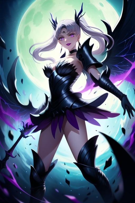 Here is a high-quality prompt for generating an image:

Official art masterpiece by noelle_silva,silver hair,twintails,bangs,purple eyes, Dark Thunder, aged up, poses confidently with silver hair flowing in the darkness. Her evil smile spreads across lips painted with bold lipstick, as she summons dark electricity to attack her foe. She wears retro-inspired armor, gloves, and jewelry, including black crystal earrings and a choker. A crescent-shaped facial mark glows ominously on her forehead. In the background, a subtle hint of a black moon casts an eerie shadow, further emphasizing her malevolent aura. Armor, wings, Holdibg a Dark Sword while charge a energy attack,