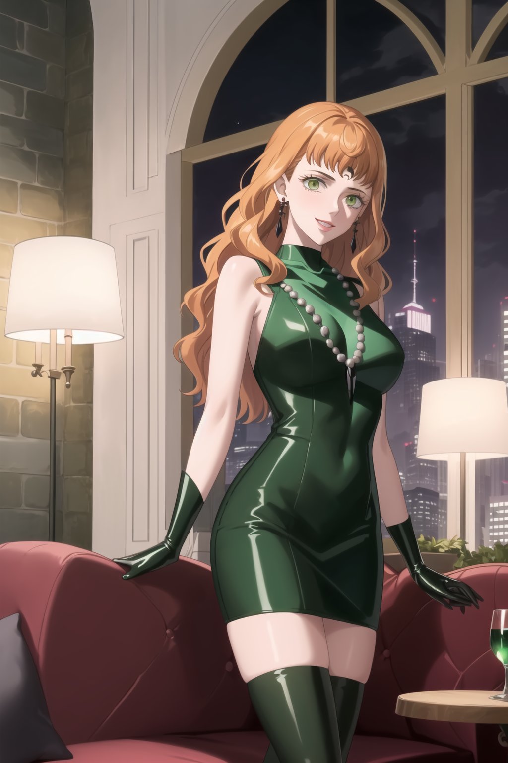 (best quality), (highly detailed), masterpiece, (official art),mimosa vermillion, orange hair, green eyes. bangs, lips, smile,
((Forehead mark, crescent facial mark, black crystal earrings, jewelry)).  Dark  dress, black latex, black sleeveless dress, turtleneck_dress, short dress, elbow gloves, green gloves, thighhighs, large necklace, ((gemstone necklace:1.2)), standing,
Modern luxury lounge with dim lighting, featuring sleek black leather sofas, glass tables, and soft ambient lighting from wall sconces. A large window in the background reveals a city skyline at night, adding a touch of sophistication to the scene.,b1mb0