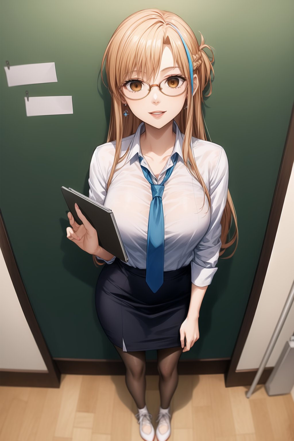 A close-up shot of aaasuna, long hair, french braid, orange hair, red hair, brown eyes, long hair:1.2, the SKS Office Lady, stands expressionless with empty eyes, her lips subtly parted as if in a state of subtle hypnosis. glasses, skirt, pantyhose, earrings, pencil skirt, adjusting eyewear,  blue skirt, chalkboard, open mouth, teacher, paper, necktie, jewelry, red-framed eyewear, bespectacled, white legwear, semi-rimless eyewear, under-rim eyewear, shoes, standing, desk, blue footwear, office lady, smile, lanyard, streaked hair, clipboard,  shirt. In formal attire, she exudes professionalism.,