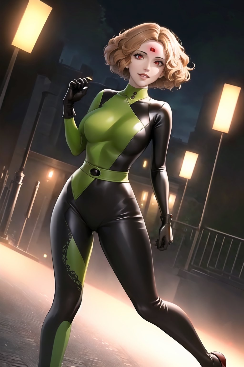 (best quality), (highly detailed), masterpiece, (official art), (dutch angle:1.2),(dsharu, brown hair, short hair), red eyes, lips, ( evil smile), lips, (microchip:1.2), (shegosuit:1.2), green bodysuit, latex , looking at viewer, china, asiática, city, night, sky, (intricately detailed, hyperdetailed), blurry background,depth of field, best quality, masterpiece, intricate details, tonemapping, sharp focus, hyper detailed, trending on Artstation,1 girl, high res, official art