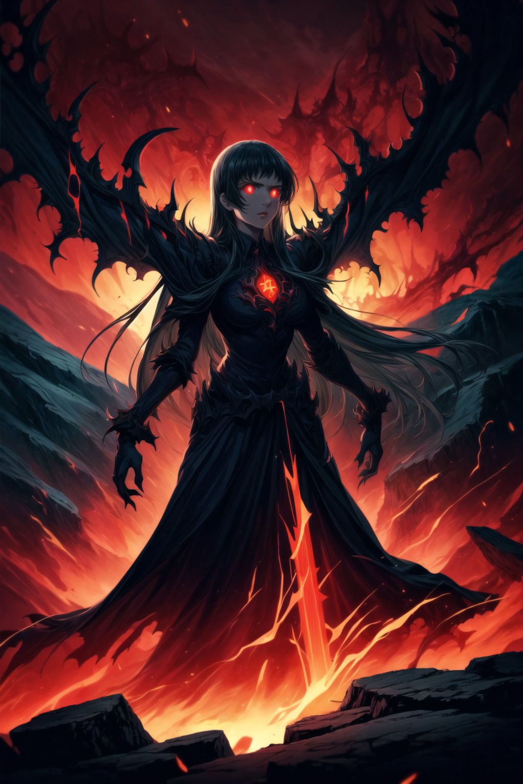 Elizabeth, black hair, lips, ruler of hell, stands as a malevolent dictator, her long hair flowing like darkness itself, gradient from white to dark, framing her cold gaze. Her elaborate gown, adorned with sinister symbols and glowing red accents, reflects her dominance and cruelty. The background features a hellish landscape: rivers of lava, jagged rocks, tormented souls, and dark clouds with lightning. Eerie, red and black glows illuminate the scene, capturing the dark and oppressive atmosphere of her dominion.