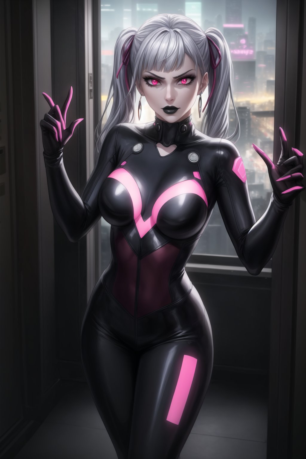 ((Best quality)), masterpiece, realistic illustration of a villainous noelle_silva, silver hair, twintails, blunt bangs:1.2, jewelry. She has glowing pink eyes and red eyes, ,with hoop earrings and black lipstick. Realistic illustration of a villainous ,neon ligth,black supersuit,  cyberpunk,dancing, dance, red eyes, black lipstick, hoop earring, neon suit, high quality, realism, detailed, city lights casting dramatic shadows, fierce and intense gaze, sleek design, professional, atmospheric lighting, villainous twist, ultra realistic, cinematic, octane render, photo realistic, detailed, hyper realism, with neon city lights casting dramatic shadows through the windows, creating an atmospheric lighting. 
The cityscape outside is detailed, with glowing signs and bustling streets. Her fierce and intense gaze, combined with the sleek design of her outfit, gives her a professional yet villainous twist. The scene is ultra-realistic, cinematic, with octane render and photo-realistic details, capturing the essence of hyper realism.,b1mb0,makeup,