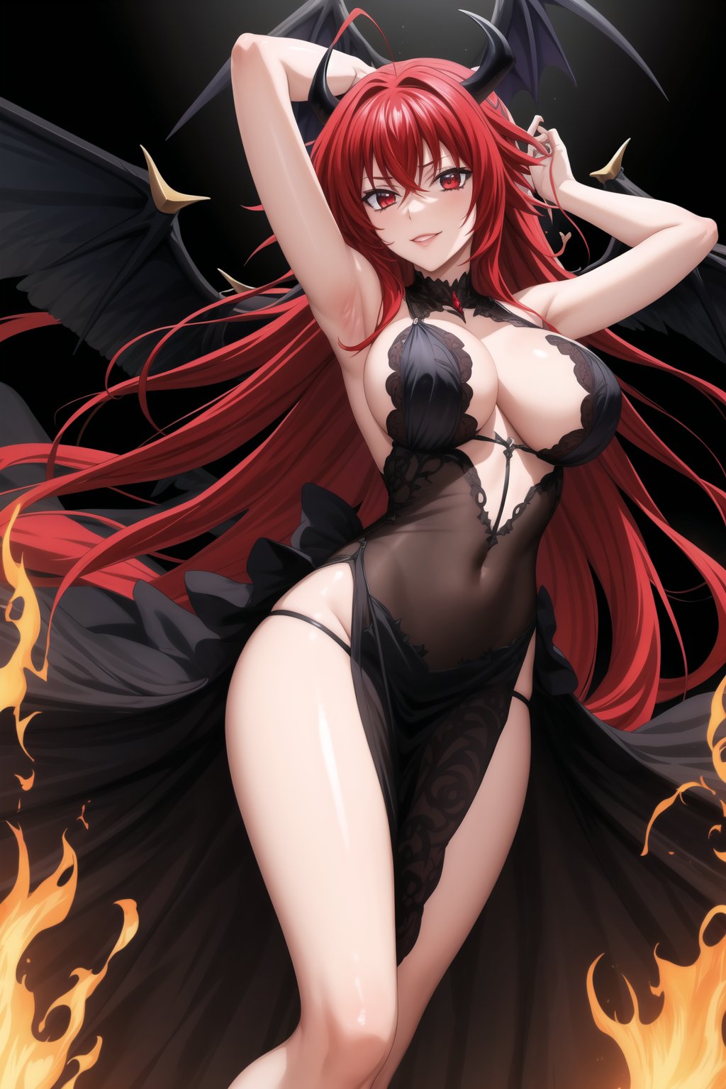 (best quality), (highly detailed), masterpiece, (official art), Rias Gremory as a malevole demon , lips evil smile, with long flowing red hair and a delicate ahoge, darkness black wings spread wide behind her. She is wearing a intricatr, elegant black gown that flows gracefully around her, softly billowing as she floats in the hell. Rias stands with her arms,as if welcoming you with a violento and demonic presence, her red eyes. Rays of dark light shine down from the heavens, illuminating her figure, while she hovers among soft, glowing fire. The hell with red rays breaking through, creating atmosphere. Her wings emit a darkness, ethereal light, adding to her demonic presence.