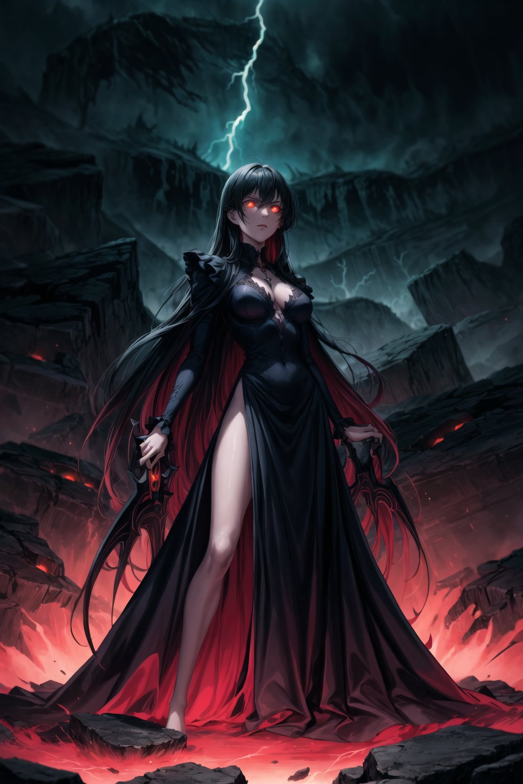 Elizabeth, black hair, lips, ruler of hell, stands as a malevolent dictator, her long hair flowing like darkness itself, gradient from white to dark, framing her cold gaze. Her elaborate gown, adorned with sinister symbols and glowing red accents, reflects her dominance and cruelty. The background features a hellish landscape: rivers of lava, jagged rocks, tormented souls, and dark clouds with lightning. Eerie, red and black glows illuminate the scene, capturing the dark and oppressive atmosphere of her dominion.