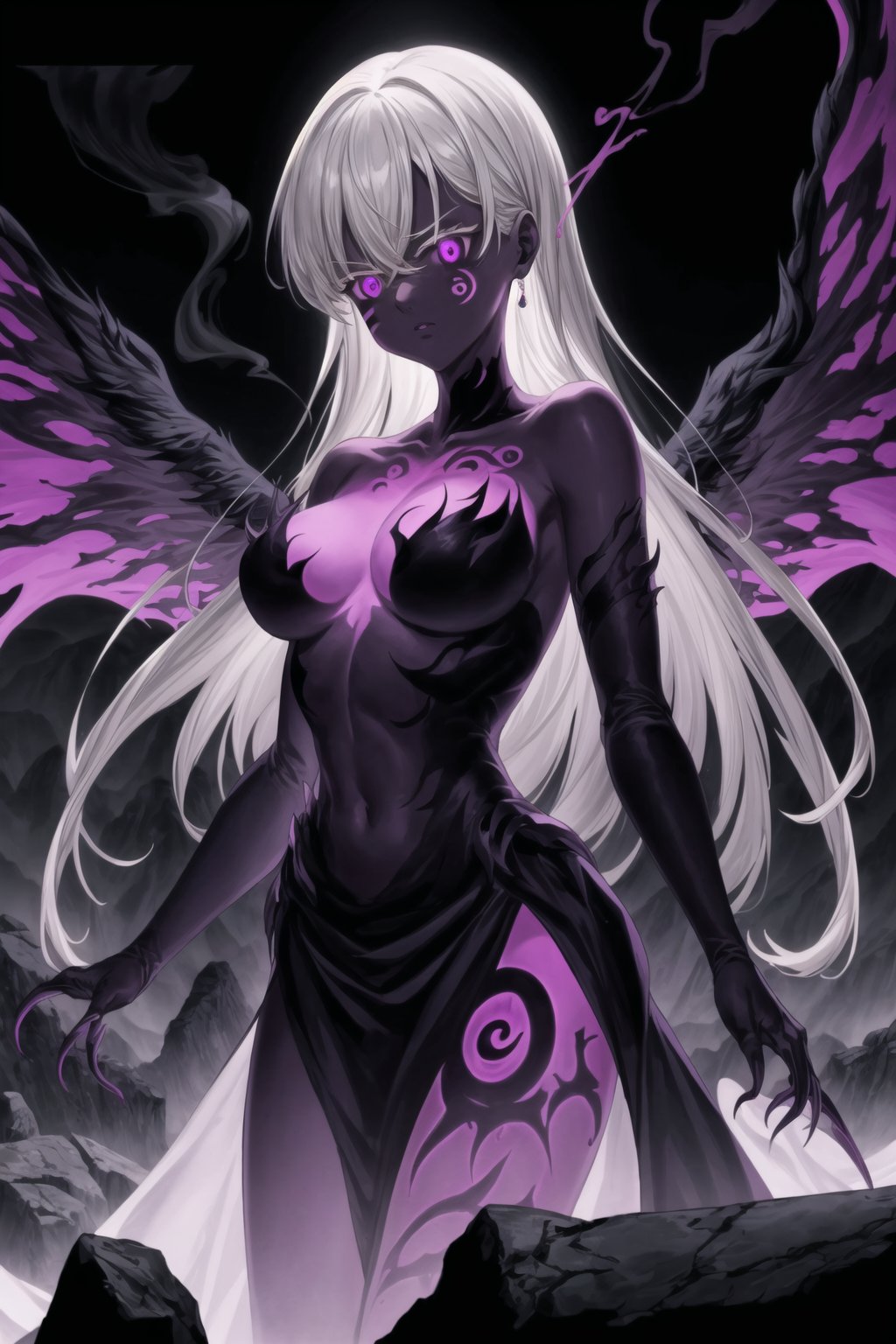 monochrome,greyscale,(tattoo,facial mark,aura,glowing,bodypaint,smoke,dark aura:1.2),1girl,long hair,medium breasts,black hair,angry,purple eyes,wings,claws,looking at viewer,nude,censored,armor,convenient censoring,Elizabeth, black hair, lips, ruler of hell, stands as a malevolent dictator, her long hair flowing like darkness itself, gradient from white to dark, framing her cold gaze. Her elaborate gown, adorned with sinister symbols and glowing red accents, reflects her dominance and cruelty. The background features a hellish landscape: rivers of lava, jagged rocks, tormented souls, and dark clouds with lightning. Eerie, red and black glows illuminate the scene, capturing the dark and oppressive atmosphere of her dominion.