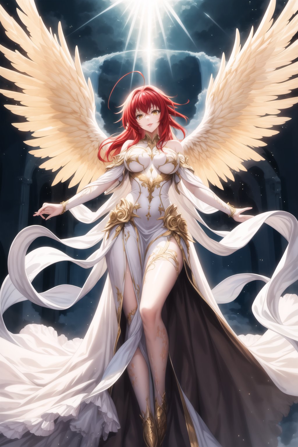 (best quality), (highly detailed), masterpiece, (official art), Rias Gremory as a serene angel, lips smile, with long flowing red hair and a delicate ahoge, luminous white wings spread wide behind her. She is wearing a simple, elegant white gown that flows gracefully around her, softly billowing as she floats in the sky. Rias stands with her arms gracefully open, as if welcoming you with a serene and benevolent presence, her yellow eyes. Rays of divine light shine down from the heavens, illuminating her figure, while she hovers among soft, glowing clouds. The sky is a serene blend of soft pastels, with golden rays breaking through, creating a heavenly and peaceful atmosphere. Her wings emit a gentle, ethereal light, adding to her angelic presence.