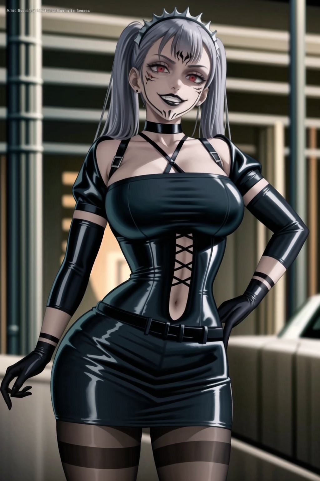 ((best quality)),  ((highly detailed)),  masterpiece, (Black lips:1.4),  ((official art)),  detailed face,  beautiful face, narrow_waist:1.3, dominatrix:1.3,puffy_short_sleeves, (sukunatattoo:1.3, maid:1.4) , (intricate black dress:1.4),top tube,  navel, midriff, (pubic tattoo:1.3), (detailed eyes,  deep eyes),(science fiction, cyberpunk:1.3, street, shopping, dark background),((smirk, grin, naughty face, seductive smile, smug)) ,,(lips), ((noelle_silva, silver hair,twintails, bangs, earrings, jewelry)) ,(red eyes:1.3),  cross-laced clothes:1.3, (spiked bracelet), corset:1.4, hoop earring, curvaceous, voluptuous body, (makeup) (lips:1.3), (latex),  (black tube top:1.2), gloves, elbow gloves, skirt, black choker, belt, pencil skirt, pantyhose, miniskirt, (black skirt), black gloves, black legwear, black choker ,large breasts, (intricately detailed, hyperdetailed), blurry background, depth of field, best quality, masterpiece, intricate details, tonemapping, sharp focus, hyper detailed, trending on Artstation, 1 girl, solo, high res, official art,RockOfSuccubus,,StandingAtAttention,,<lora:659111690174031528:1.0>