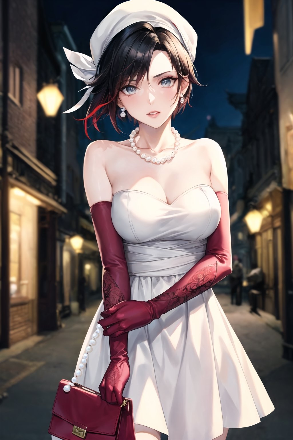 (best quality), (highly detailed), masterpiece, (official art), ,(ruby rose:1.2, hair messy bun:1.3), makeup:1.3, (lips:1.2), parted_lips, blue earrings:1.3,jewelery:1.3,((long sleeves,  elbow gloves:1.2,dress, ribbon, ccollarbone, white dress:1.3,  white headwear,  pearl necklace:1.3, holding, holding bag, v arms:1.3)), looking at viewer, china, asiática, city, night, sky,  (intricately detailed, hyperdetailed), blurry background,depth of field, best quality, masterpiece, intricate details, tonemapping, sharp focus, hyper detailed, trending on Artstation,1 girl, high res, official art,StandingAtAttention,bestiality