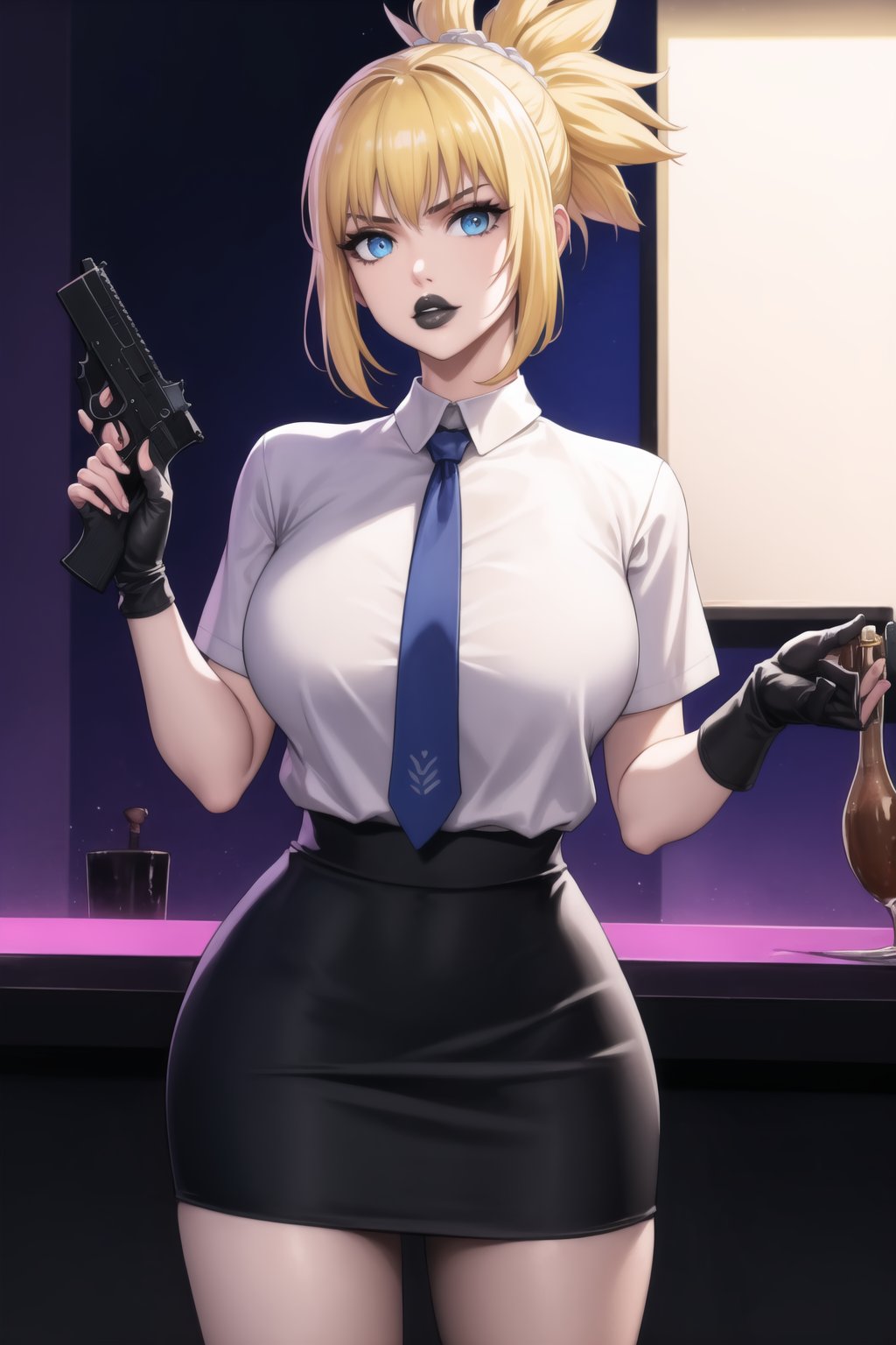 (best quality), (highly detailed), masterpiece, (official art),  kohaku, blonde hair, blue eyes, hair ornament, ponytail, solo,  lips:1.2, black lips:1.4, lipstick:1.2, skirt, black neckktie, latex:1.2, gloves, pencil_skirt, shirt, black gloves, standing, looking at viewer, white shirt, breasts, black skirt, looking at viewer, (/nightclub scene, neon lights), , club, (nigth club), ,hd quality, perfect face ,realistic, realistic body , perfect face sync,night club,StandingAtAttention,marinette,night club,b1mb0, gun, weapon, holding gun, handgun, holding, pistol, gun, handgun, pistol, holding weapon,  trigger discipline,