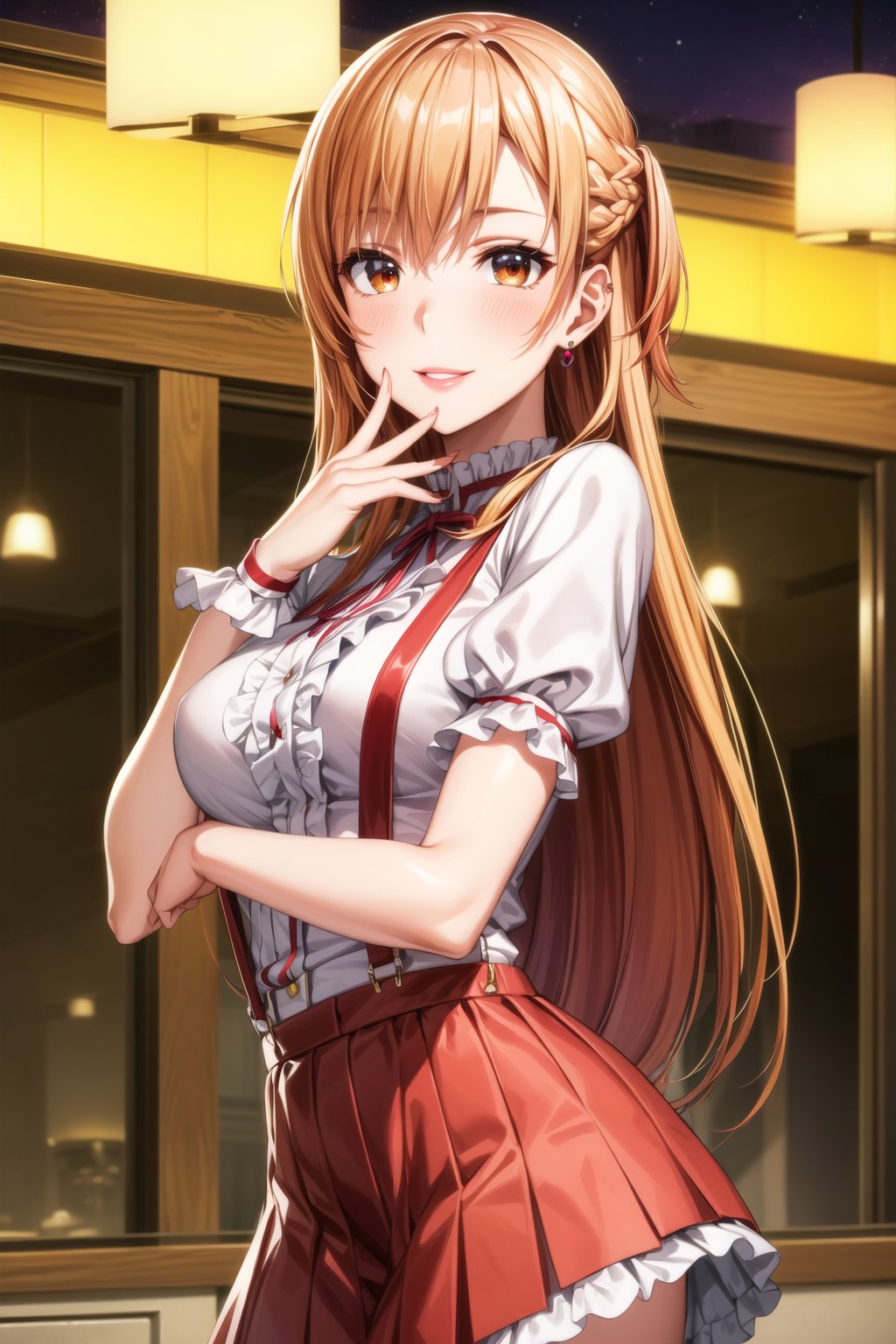 ((best quality)), ((highly detailed)), masterpiece, ((official art)), detailed face, beautiful face, (detailed eyes, deep eyes), seductive posing, (cowboy shot),asuna yuuki, long hair, brown eyes, orange hair, red hair, purple lips:1.2, 1girl, blonde hair, multicolored hair, bangs, one side up, long hair,   hairclip, jewelry, earrings, medium breasts, frills, puffy sleeves, puffy short sleeves, suspenders, frilled skirt, pink skirt, smile, blush, looking at viewer