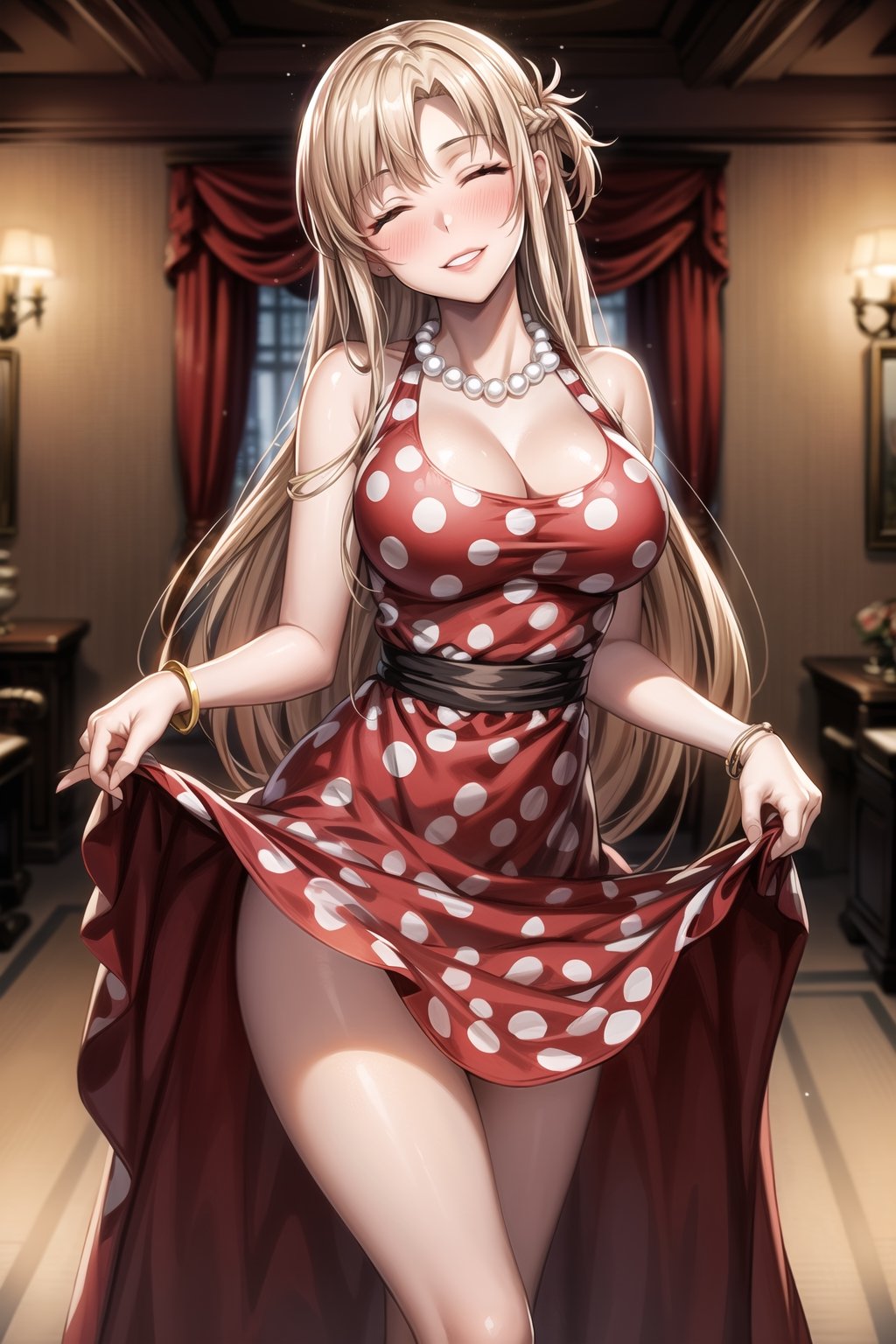 (best quality), (highly detailed), masterpiece, (official art),(aaasuna, long hair, brown hair, braid, brown eyes,),(Stepford),lips, makeup, lipstick,(red lips),smile, (closed eyes,leaning forward:1.3,cutsey:1.2, (head tilt:1.2),clothes lift, crossed legs, dress lift, lifted by self, gloves),(polka dot:1.4), (polka dot dress:1.4),(pearl necklace:1.2), pearl bracelet, bare shoulders,(red dress:1.2),(aroused), nose blush ,standing, big breasts, (large pearl necklace), (intricately detailed, hyperdetailed), blurry background,depth of field, best quality, masterpiece, intricate details, tonemapping, sharp focus, hyper detailed, trending on Artstation,1 girl, high res, official art,aaasuna