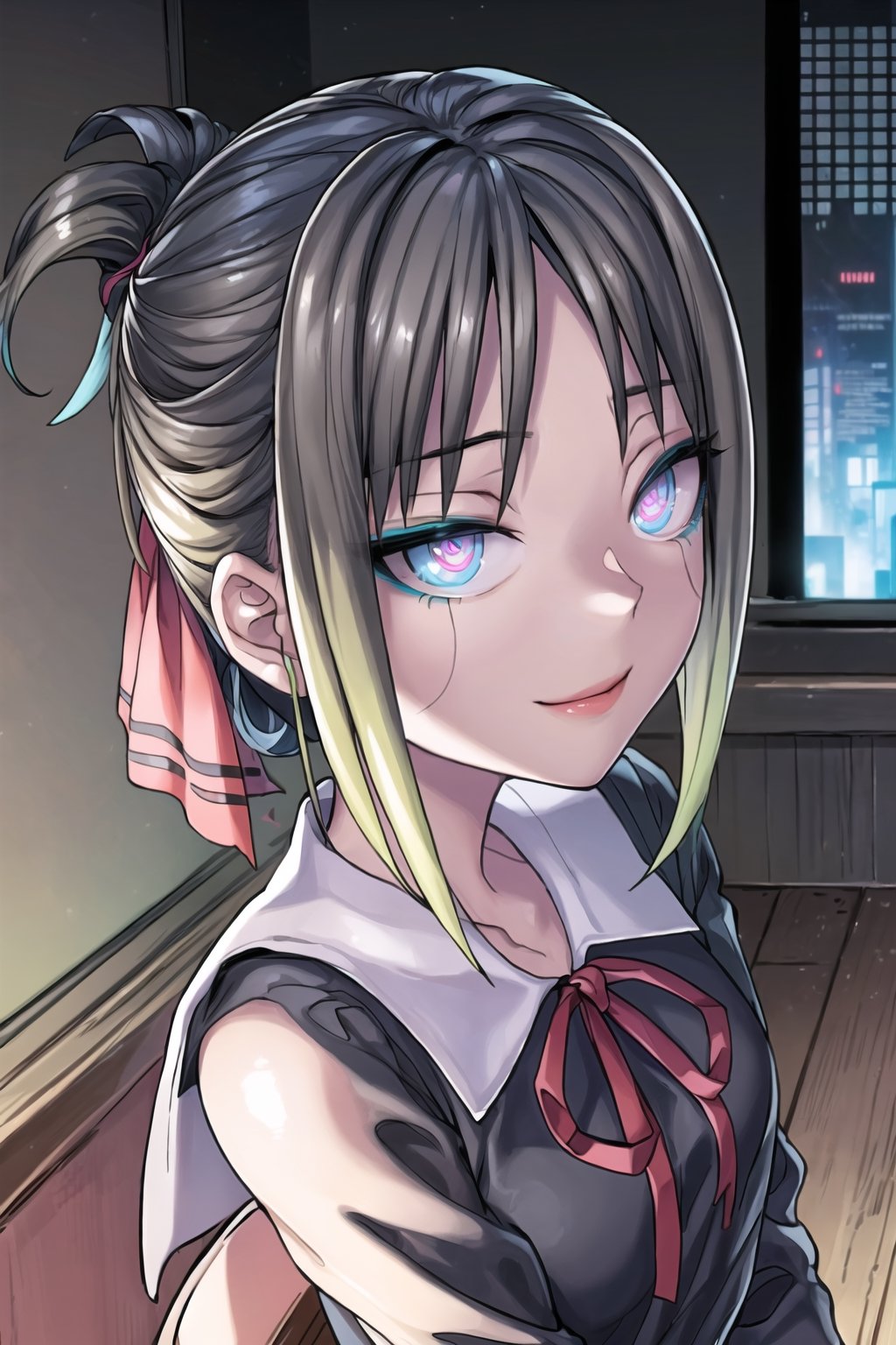 ((best quality)),  ((highly detailed)),  masterpiece,  ((official art)), aakaguya, short hair, folded ponytail, hair ribbon, parted bangs,, lips, (seductive smile,smirk) ,(Remodeling), (multicolored hair:1.3), (two-tone hair:1.3), (pink eyes, blue eyes), (glowing eyes), (android:1.2), (barcode:1.2), (doll joints:1.1), ((neck ribbon, red ribbon, black dress, black shirt, long sleeves, black sleeves)), (cyberpunk:1.2), school, (confident, sexy), chalkboard ,looking at viewer, classroom, girl, indoors,  dramatic reveal, suspenseful, urban environment, mysterious ambiance, dramatic lighting, cinematic scene, self-transformation, supernatural, otherworldly, metamorphosis, mystical, mystical energy, power awakening., intricately detailed, hyperdetailed, blurry background, depth of field, best quality, masterpiece, intricate details, tonemapping, sharp focus, hyper detailed, trending on Artstation, 1 girl, high res, official art,ai hayasaka,aahayasaka,aakaguya,Remodeling