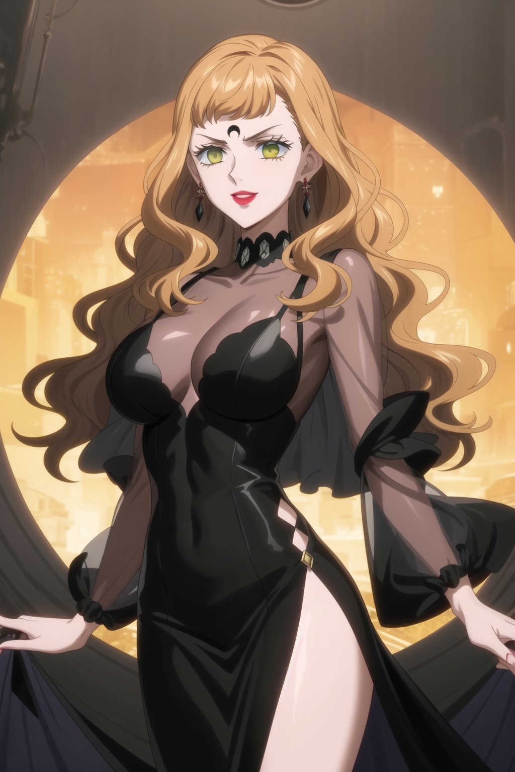 evil smile, red eyes, jewelry,  earrings, makeup, facial mark, lipstick,  forehead mark, crescent facial mark, black crystal earrings,crescent, , dress,black dress, see-through,,side slit, ,mimosa vermillion, orange hair, green eyes
(best quality), (highly detailed), masterpiece, (official art), A dark and mysterious female character inspired by classic anime style,  She has a cold, expressionless face with pale skin and dark, bold lips, giving her a commanding and intimidating presence.  The overall atmosphere is dark and mysterious, with a sense of power and control emanating from her poised stance.