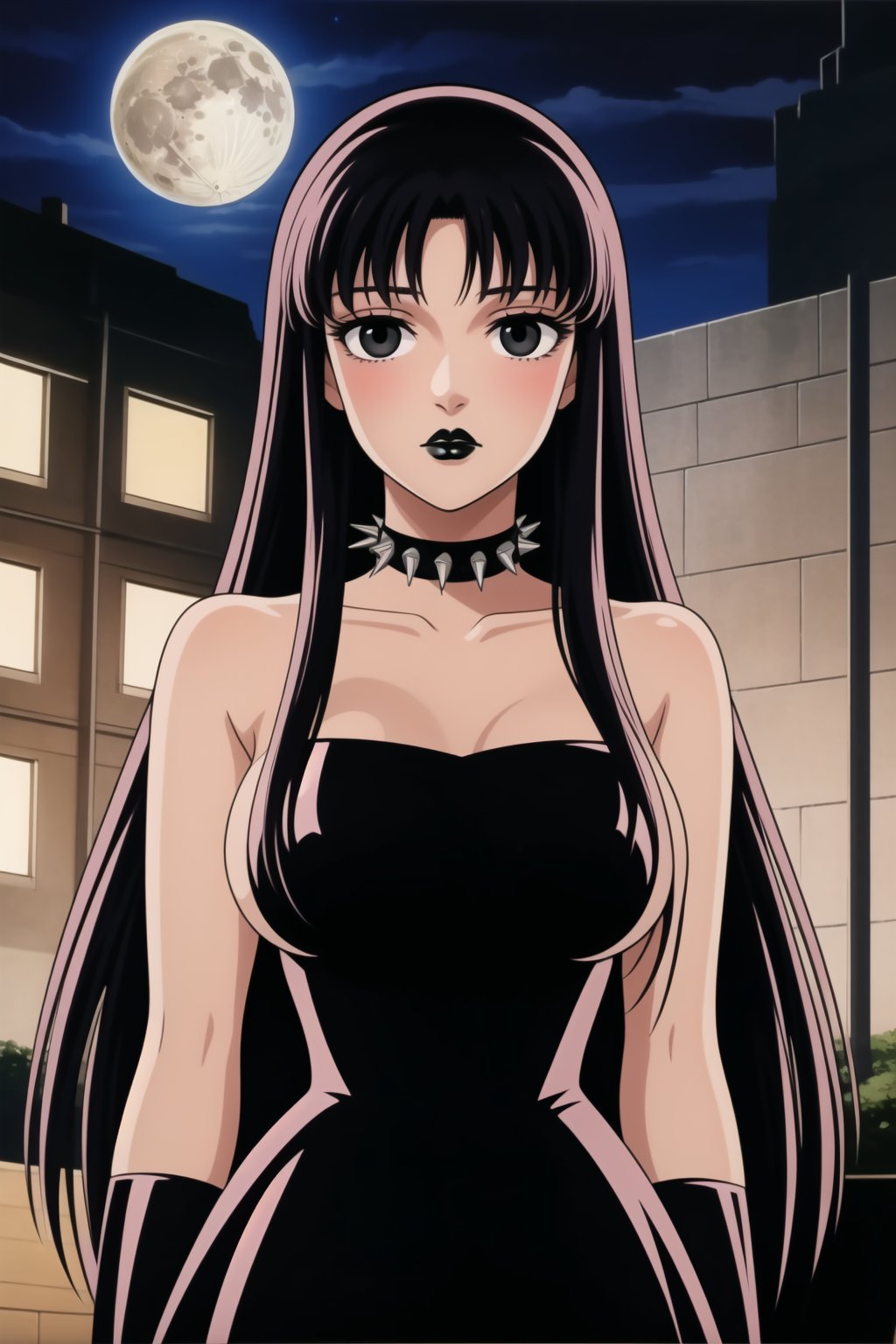 ((best quality)),  ((highly detailed)),  masterpiece,  ((official art)),(Saori Kido, Saori, long hair, black hair:1.3),((black eyes, empty eyes,expressionless,hypnosis)),(((white skin))) ,((makeup,lipstick, black lips:1.2)),absurdres, (spiked collar:1.2),  coyboy shot:1.3, thighhighs, lips,  blush,  (black latex:1.3),  black dress:1.2,  miniskirt  ((bodyconf)),  bare shoulders,  (( strapless)),  large breast,  looking at viewer,  street,  city,  nigth,  moon,  club,  (nigth club),  , hd quality,  perfect face , realistic,  realistic body,  perfect face sync,  , b1mb0,,,black lips