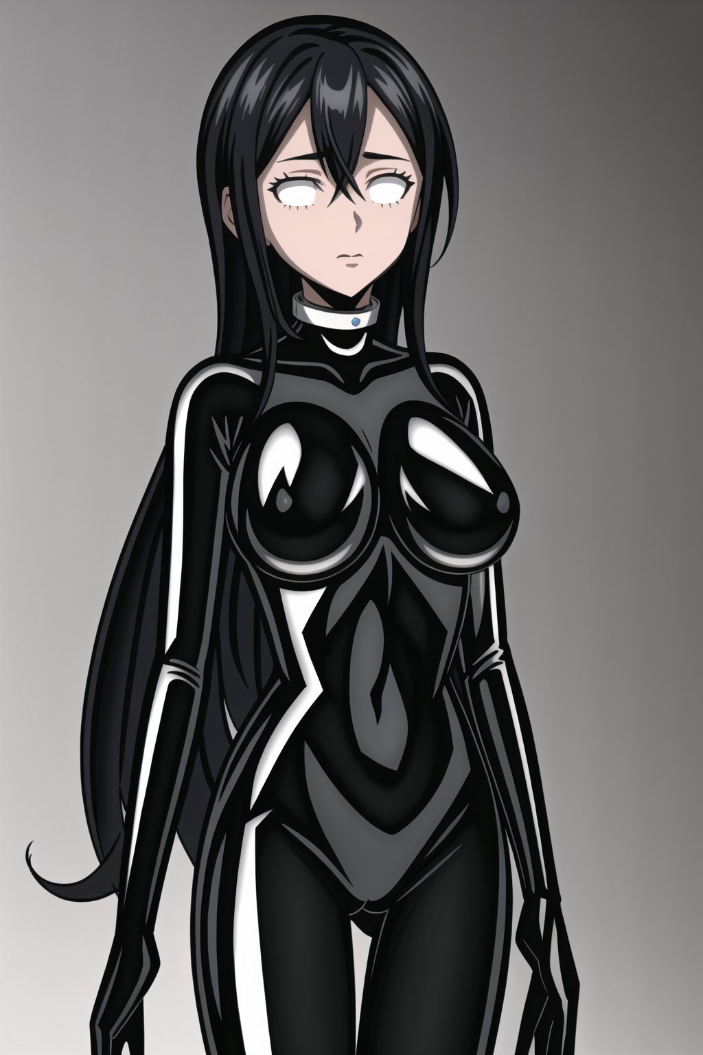 (best quality), (highly detailed), masterpiece, (official art), makeup, 1girl, solo,kirito,long hair,black hair,hair between eyes, very long hair,closed mouth,(graybot:1.2), black bodysuit, (shiny body:1.2), (shiny clothes),latex bodysuit, large breast, looking at viewer,  ,graybot,(whiteeyes),((black background, simple background)),StandingAtAttention,,,,<lora:659111690174031528:1.0>