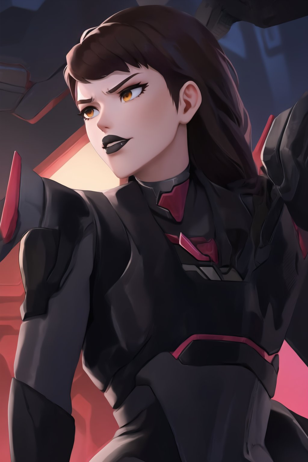 (best quality), (highly detailed), masterpiece, (official art),  dva, brown hair, messy hair, brown eyes, black lips:1.2, lips:1.3,cinematic illustration of D.Va (Hana Song) reimagined as a deadly assassin for Talon. She wears a sleek, form-fitting black and red tactical suit, designed for stealth and combat. The suit is accented with red, glowing lines and Talon’s emblem, highlighting her allegiance. Her expression is cold and determined, metallic black suit with glowing red circuits and a visor replacing her sunglasses. Her black lips contrast with the bright red emblem ,hd quality, perfect face ,realistic, realistic body , perfect face sync,,b1mb0, 