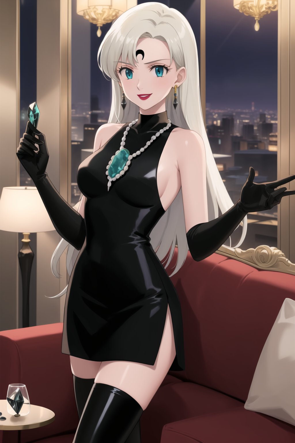 (best quality), (highly detailed), masterpiece, (official art),elizabeth, long hair, blue eyes, white hair, blunt bangs, single earring,, lips, smile, lipstick, makeup, evil smile,
((Forehead mark, crescent facial mark, black crystal earrings, jewelry)).  Dark  dress, black latex, black sleeveless dress, turtleneck_dress, short dress, elbow gloves, green gloves, thighhighs, large necklace, ((gemstone necklace:1.2)), standing,
Modern luxury lounge with dim lighting, featuring sleek black leather sofas, glass tables, and soft ambient lighting from wall sconces. A large window in the background reveals a city skyline at night, adding a touch of sophistication to the scene