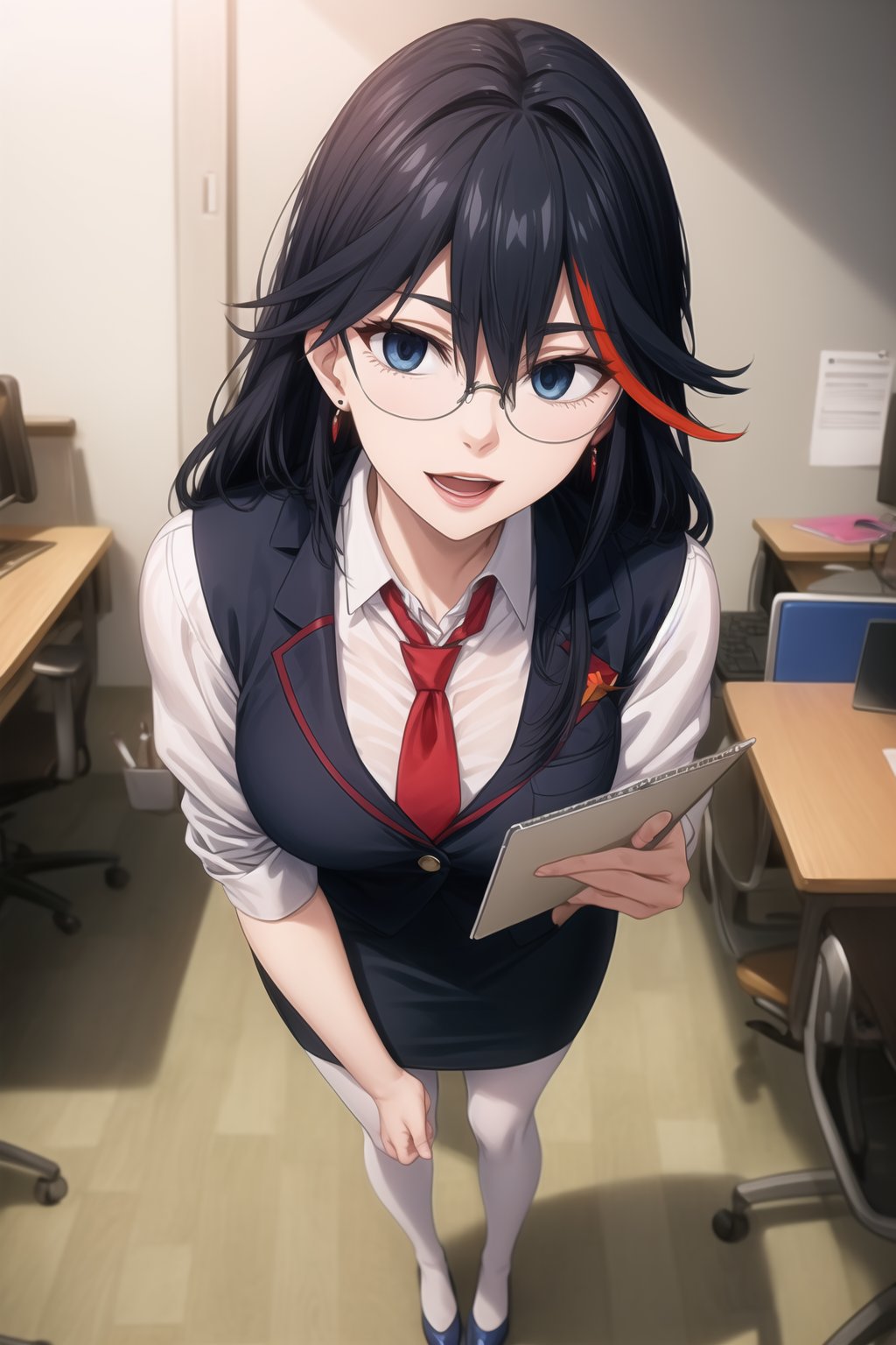 A close-up shot of Ryuuko Matoi, long hair:1.2, the SKS Office Lady, stands expressionless with empty eyes, her lips subtly parted as if in a state of subtle hypnosis. glasses, skirt, pantyhose, earrings, multicolored hair, blue eyes, pencil skirt, adjusting eyewear, black hair, blue skirt, chalkboard, open mouth, teacher, paper, necktie, jewelry, red-framed eyewear, bespectacled, long hair, red hair, two-tone hair, white legwear, semi-rimless eyewear, under-rim eyewear, shoes, standing, desk, blue footwear, office lady, smile, lanyard, streaked hair, clipboard,  shirt. In formal attire, she exudes professionalism.