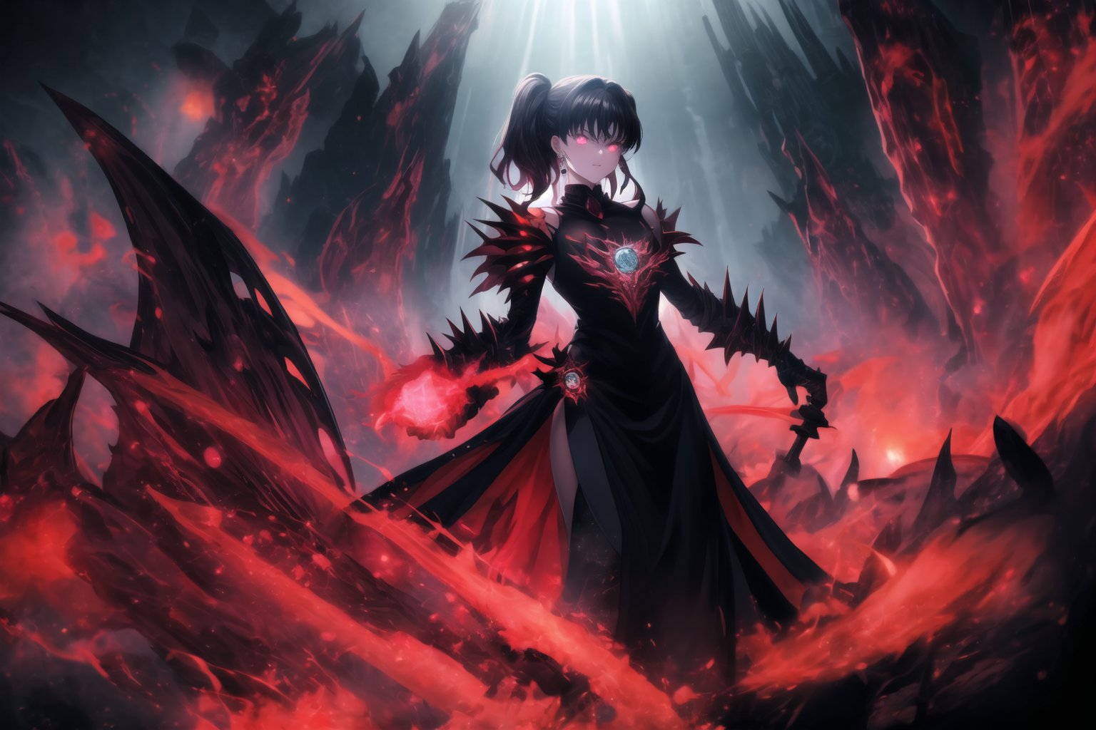 Diane, Ruler of Hell, stands tall against a hellish backdrop of rivers of lava, jagged rocks, and tormented souls. Her black hair with scrunchies cascades down her back as she dons an elaborate gown adorned with sinister symbols and glowing red accents. A crescent face mark frames her cold gaze, accompanied by crystal black earrings. In one hand, she holds a massive spiked mace, reinforcing her dominance over the kingdom. Black demonic armor covers her body, reflecting the ominous red light of her infernal realm. Large black wings spread wide, casting long shadows over the oppressive scene. Red and black glowing effects, eerie light rays, and sparks of energy create a surreal atmosphere. Digital distortion effects, glitchy bursts of light, and electrical discharges add modern intensity to this dark landscape.