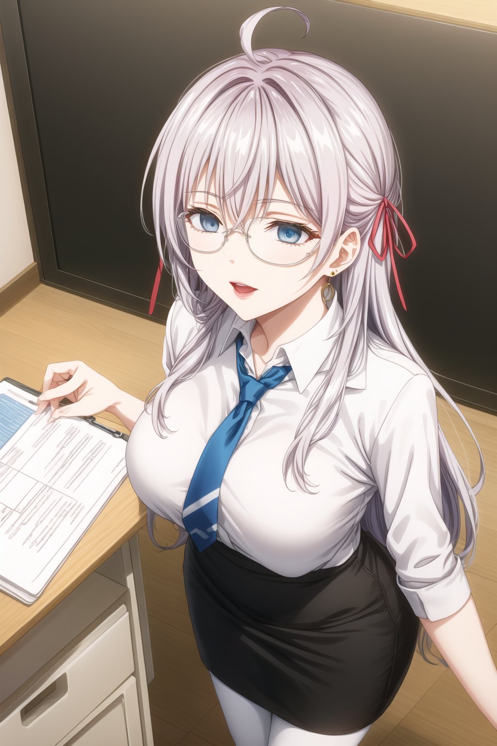 A close-up shot of alya, long hair, grey hair, blue eyes, hair between eyes, hair ribbon, red ribbon, ahoge, the SKS Office Lady, stands expressionless with empty eyes, her lips subtly parted as if in a state of subtle hypnosis. glasses, skirt, pantyhose, earrings, pencil skirt, adjusting eyewear,  blue skirt, chalkboard, open mouth, teacher, paper, necktie, jewelry, red-framed eyewear, bespectacled, white legwear, semi-rimless eyewear, under-rim eyewear, shoes, standing, desk, blue footwear, office lady, smile, lanyard, clipboard,  shirt. In formal attire, she exudes professionalism.