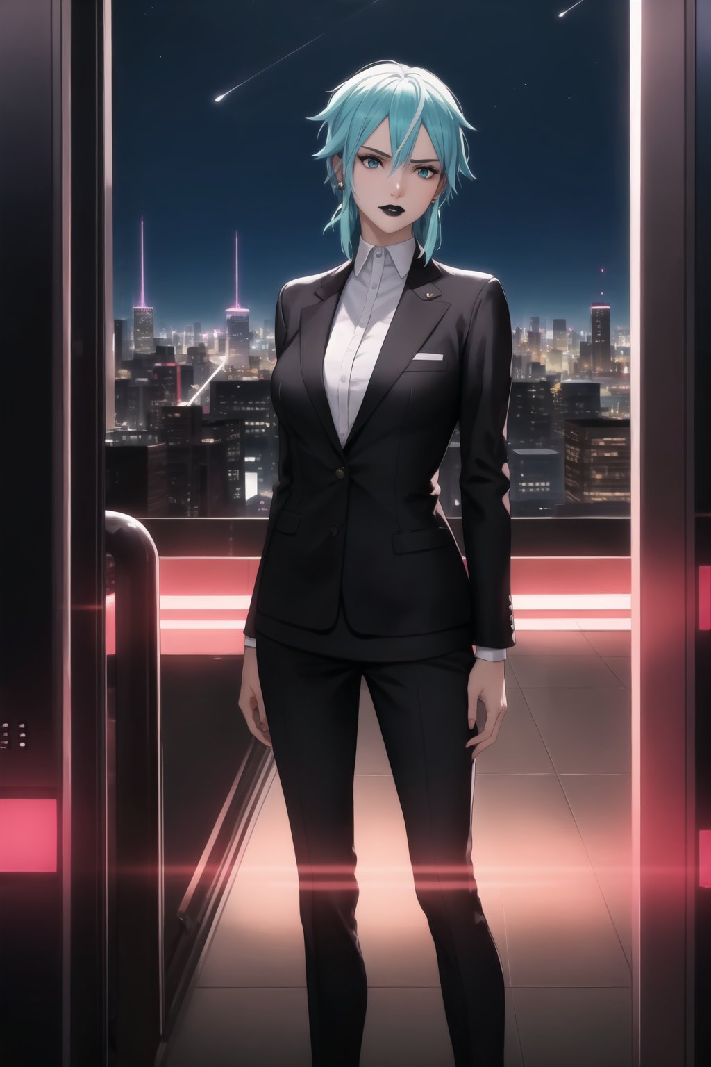 (best quality), (highly detailed), masterpiece, (official art),  Sinon, black lips:1.2, lips:1.3, wearing a sleek black suit, earpiece in one ear, standing guard at the entrance of a high-tech skyscraper. The surrounding area is illuminated by neon lights, and her stern gaze scans the crowd for any signs of trouble. The night sky is filled with flying cars, and the city skyline is visible in the background, with a mix of modern architecture and holographic advertisements., ,hd quality, perfect face ,realistic, realistic body , perfect face sync,,b1mb0, 