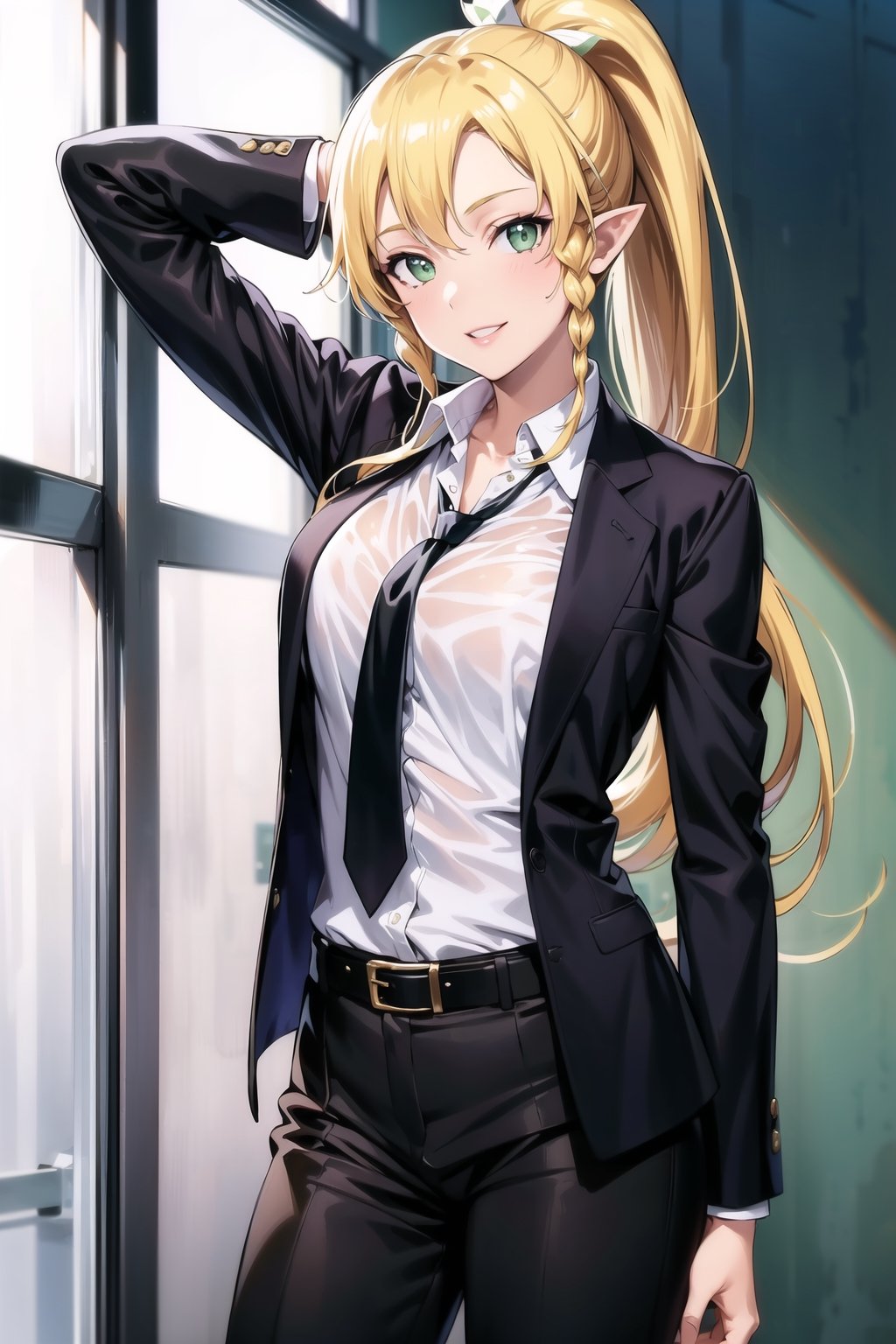 (best quality), (highly detailed), masterpiece, (official art), leafa, pointy ears, long hair, ponytail, braid, blonde hair, lips, smile, necktie,pose,  black jacket,(black suit), open suit,  open jacket,long sleeves, shirt tucked in,looking at viewer, shirt, black necktie, white shirt, medium breasts,window, formal, office lady,pants, black pants, black belt, business suit, suit,  (intricately detailed, hyperdetailed), blurry background,depth of field, best quality, masterpiece, intricate details, tonemapping, sharp focus, hyper detailed, trending on Artstation,1 girl, solo,high res,official art