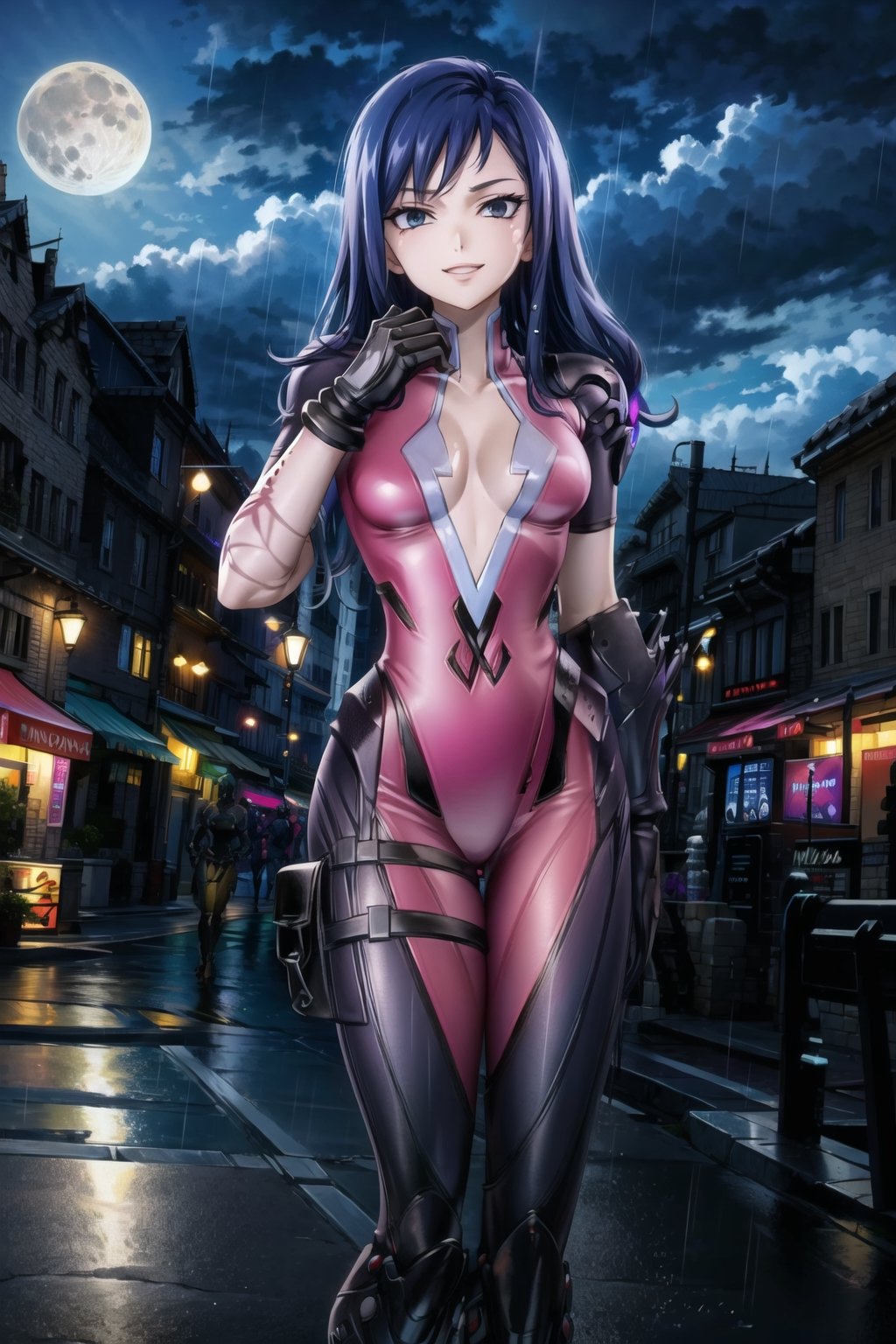 ((best quality)), ((highly detailed)), masterpiece, ((official art)), (juviarnd), blue hair, cyberpunk , ligth smile, (widowsuit:1.2), medium breasts, tattoo, (arm tattoo:1.2) ,pose, best quality, masterpiece, intricate details, scenary, city, outdoors, rain, water drop, night, sky, moon, trending on Artstation, thigh gap,  black gloves