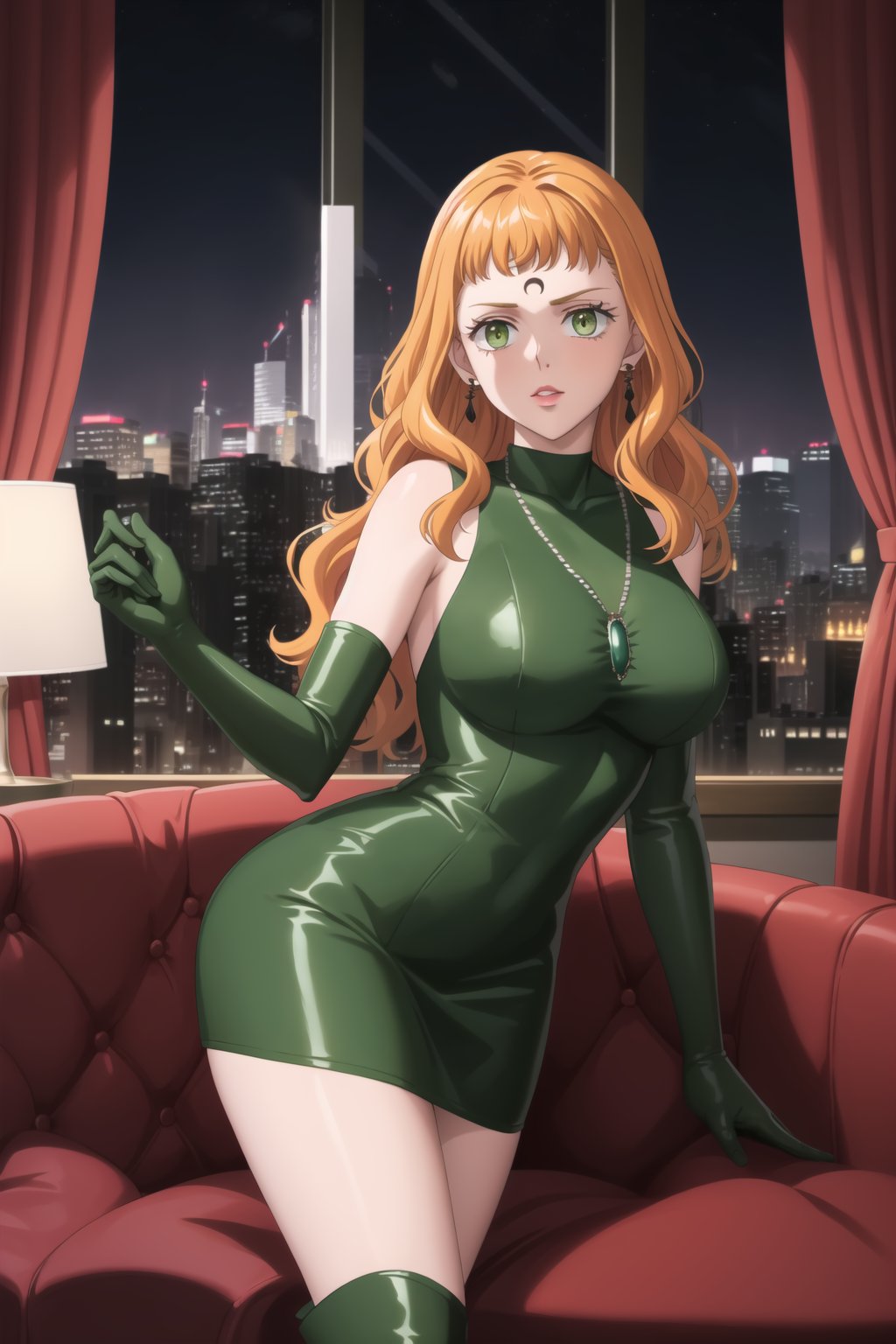 (best quality), (highly detailed), masterpiece, (official art),mimosa vermillion, orange hair, green eyes.
Forehead mark, crescent facial mark, black crystal earrings, jewelry.  Dark green dress, latex, sleeveless dress, turtleneck_dress, short dress, elbow gloves, green gloves, black knee-high boots, large turquoise necklace, gemstone necklace:1.2, standing.
Modern luxury lounge with dim lighting, featuring sleek black leather sofas, glass tables, and soft ambient lighting from wall sconces. A large window in the background reveals a city skyline at night, adding a touch of sophistication to the scene.,b1mb0