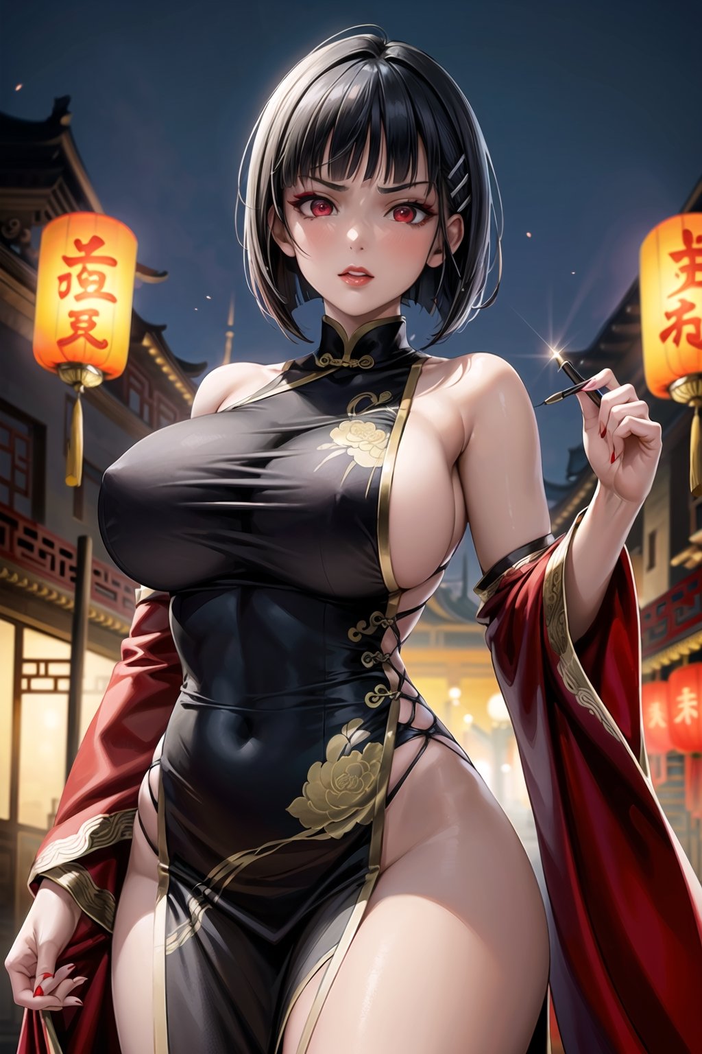 (best quality), (highly detailed), masterpiece, (official art),(suguha, short hair, black hair, bob cut, hairclip, hair ornament, blunt bangs),(red eyes),red lips, lips:1.3, huge brest, makeup:1.3, angry, serious,(((black china dress))), ((bare shoulder,sleeveless)),,looking at viewer, china, asiática, city, night, sky, (intricately detailed, hyperdetailed), blurry background,depth of field, best quality, masterpiece, intricate details, tonemapping, sharp focus, hyper detailed, trending on Artstation,1 girl, high res, official art,chinese dress