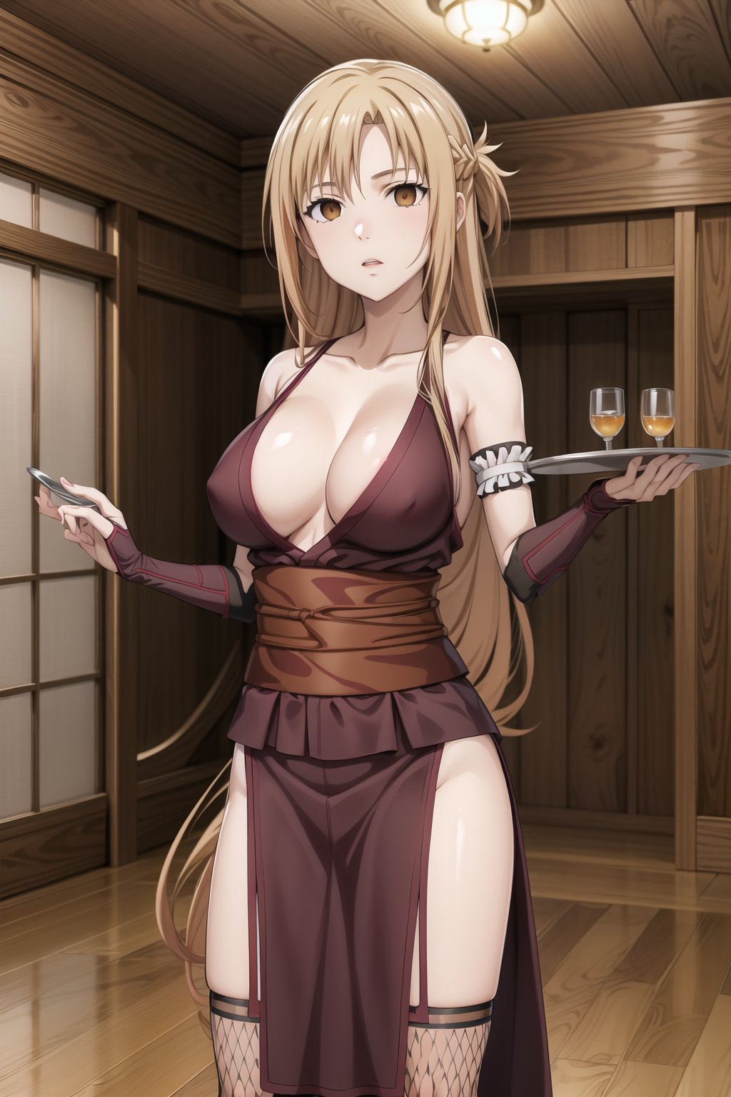 masterpiece,best quality,highres,ultra-detailed,asuna yuuki, long hair, orange hair, brown eyes, empty eyes:1.3,  holding tray, tray:1.3, alcohol, breasts,  solo, ninja, cleavage, thighhighs, pelvic curtain, gloves, fishnets, large breasts, japanese clothes,  bare shoulders, sash,  (indoors:1.2), (royal room:1.2), (latex), standing, StandingAtAttention,b1mb0,night club,lemon0021,,asuna yuuki,holding_tray,aaasuna,ninja