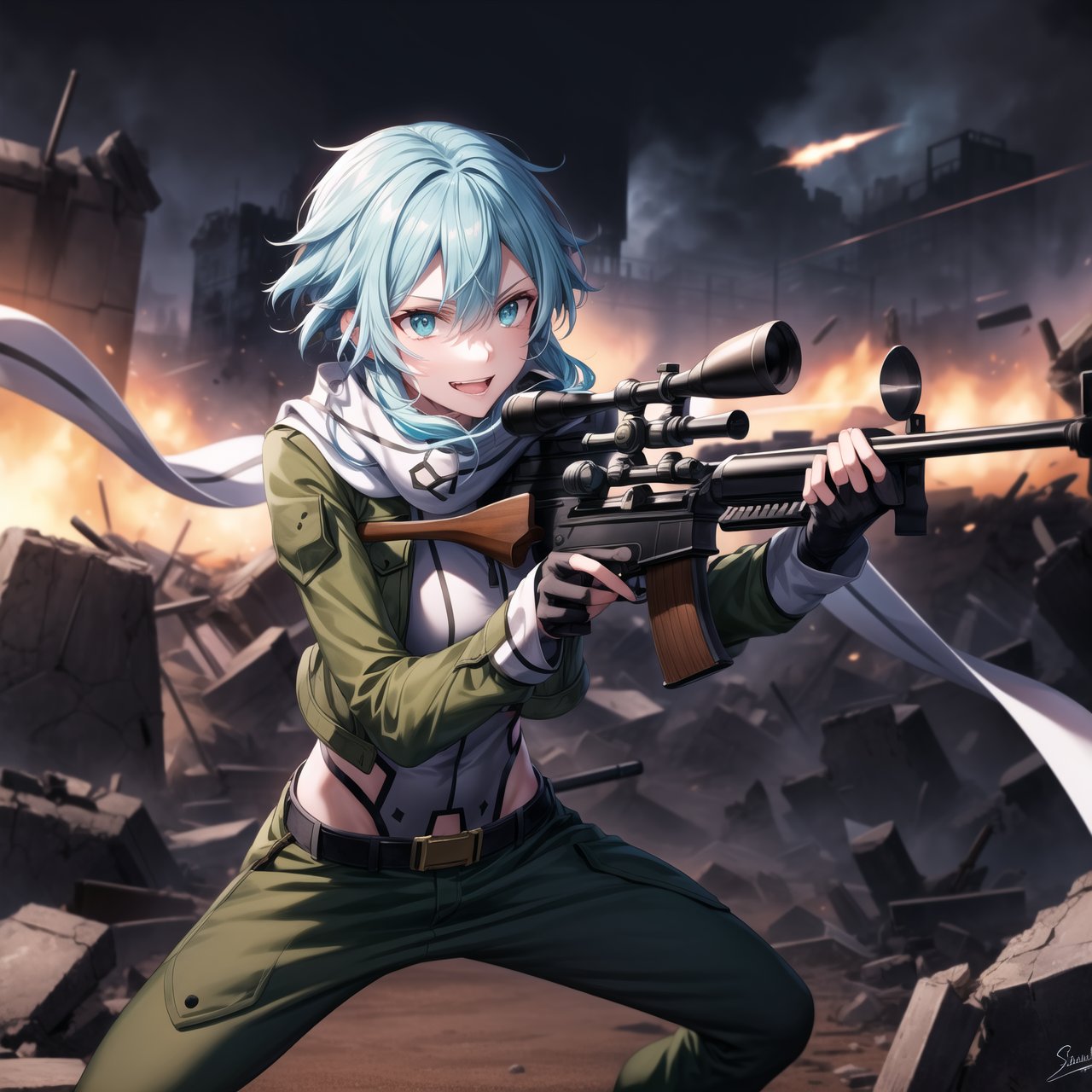 Highly detailed anime illustration of Sinon in the midst of a desolate battlefield, her blue hair whipping in the wind as she fires her sniper rifle with deadly precision. Her sharp aqua eyes, partially obscured by strands of hair, gleam with a twisted joy, and a sadistic smile spreads across her face, reflecting her dark pleasure in the chaos of combat.

sinon1 is dressed in her signature combat outfit: a green cropped jacket open at the front, revealing a white scarf that flutters as she moves. Her black shorts and fingerless gloves are practical for the fight, while her sniper rifle is held firmly, aimed with unwavering focus. The rifle's muzzle flashes brightly, illuminating the battlefield in sharp, cold light.

The surrounding environment is bleak and war-torn, with crumbling structures and a cloudy, dark sky overhead, adding to the tension and intensity of the scene. The ground is littered with debris, evidence of the ongoing conflict. Shadows and light play across her form, emphasizing her role as a hunter in this grim setting.

Despite the devastation around her, Sinon’s sadistic smile and the gleam in her eyes make it clear she relishes the battle, her laughter echoing amidst the destruction. Every shot she takes is precise, her enjoyment of the fight apparent in every detail of her expression and posture.

Key Details:

The sniper rifle is depicted in high detail, with visible muzzle flash and recoil captured mid-shot.
Sinon's expression is the focal point, her sadistic smile and bright, crazed eyes adding a layer of psychological depth.
The battlefield is grim, with dark, moody lighting that contrasts with the bright flashes of gunfire.
Her pose is dynamic, with the rifle held steady as she fires, her body language exuding confidence and delight in the violence.
The overall atmosphere is dark and intense, highlighting Sinon's enjoyment of the chaos and her role as a formidable sniper in the heat of battle.