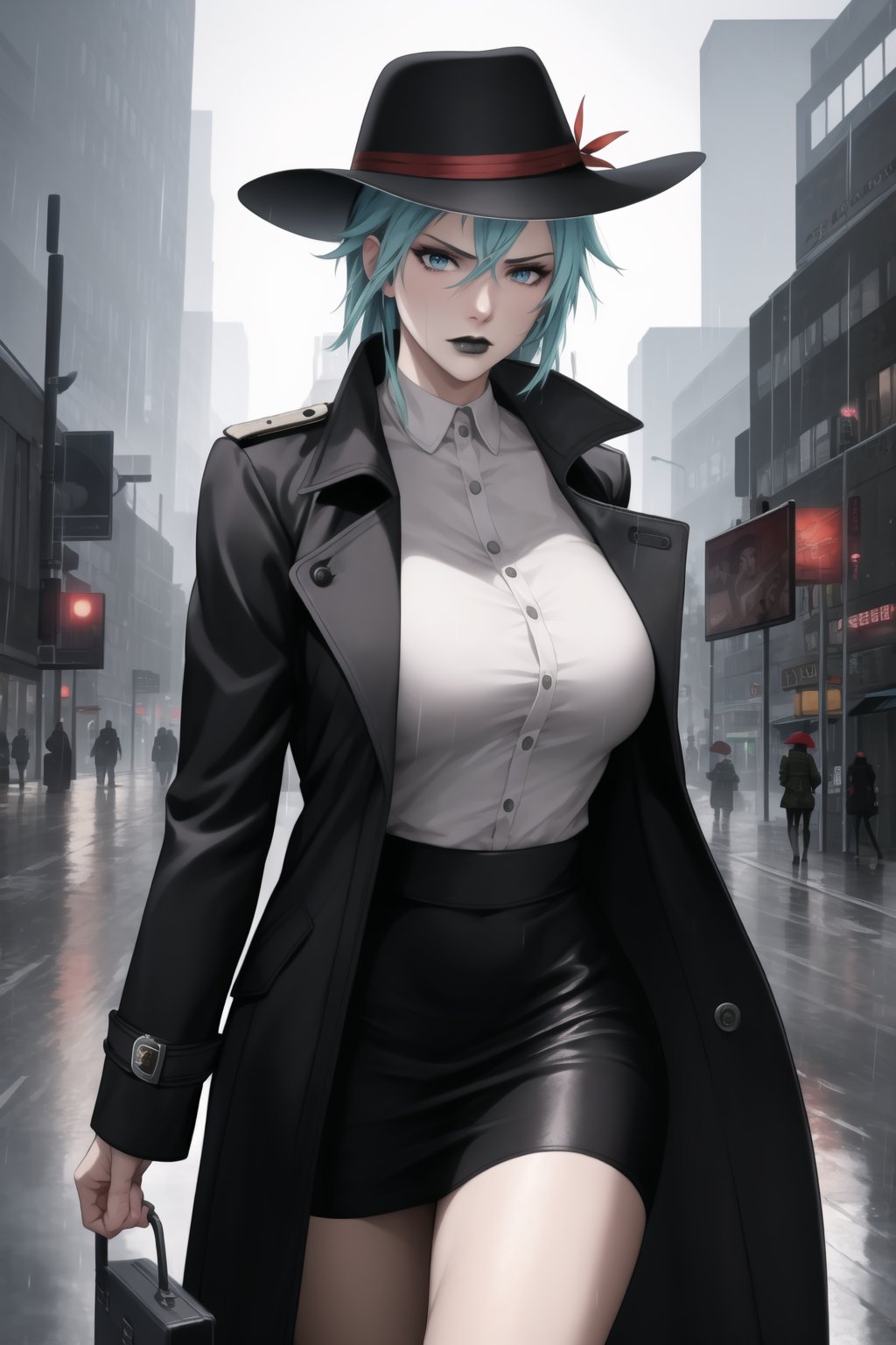 (best quality), (highly detailed), masterpiece, (official art),  Sinon, black lips:1.2, lips:1.3,dressed in a black trench coat and fedora, walking through the rain-soaked streets of a dystopian city. The buildings are tall and oppressive, with propaganda posters plastered on the walls. She carries a briefcase and a small device for scanning clues. Her expression is serious and determined as she searches for the truth in a world filled with lies., ,hd quality, perfect face ,realistic, realistic body , perfect face sync,,b1mb0, 