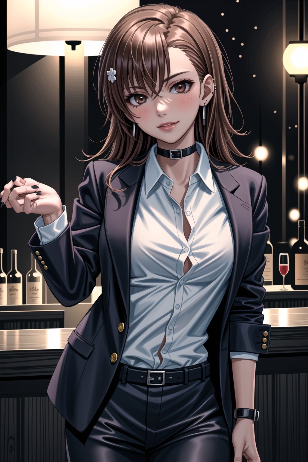 ((best quality)),  ((highly detailed)),  masterpiece,1girl, 1girl, (lips:1.2), seductive smile, smirk, naughty_face,nail polish, solo,   black pants,  formal,  black jacket,  open jacket,  (white shirt),  belt, ,  black jacket, (black suit),  long sleeves,  shirt tucked in,, (black choker), blush, earrings, black nails, looking at viewer, standing, cowboy shot, fingernails,  bar,outdoor,lamp,nigth,space, alcohol, sexy pose:1.2, purple nails, wristband, aamikoto,<lora:659111690174031528:1.0>