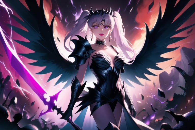 Here is a high-quality prompt for generating an image:

Official art masterpiece by noelle_silva,silver hair,twintails,bangs,purple eyes, Dark Thunder, aged up, poses confidently with silver hair flowing in the darkness. Her evil smile spreads across lips painted with bold lipstick, as she summons dark electricity to attack her foe. She wears retro-inspired armor, gloves, and jewelry, including black crystal earrings and a choker. A crescent-shaped facial mark glows ominously on her forehead. In the background, a subtle hint of a black moon casts an eerie shadow, further emphasizing her malevolent aura. Armor, wings, Holdibg a Dark Sword while charge a energy attack,