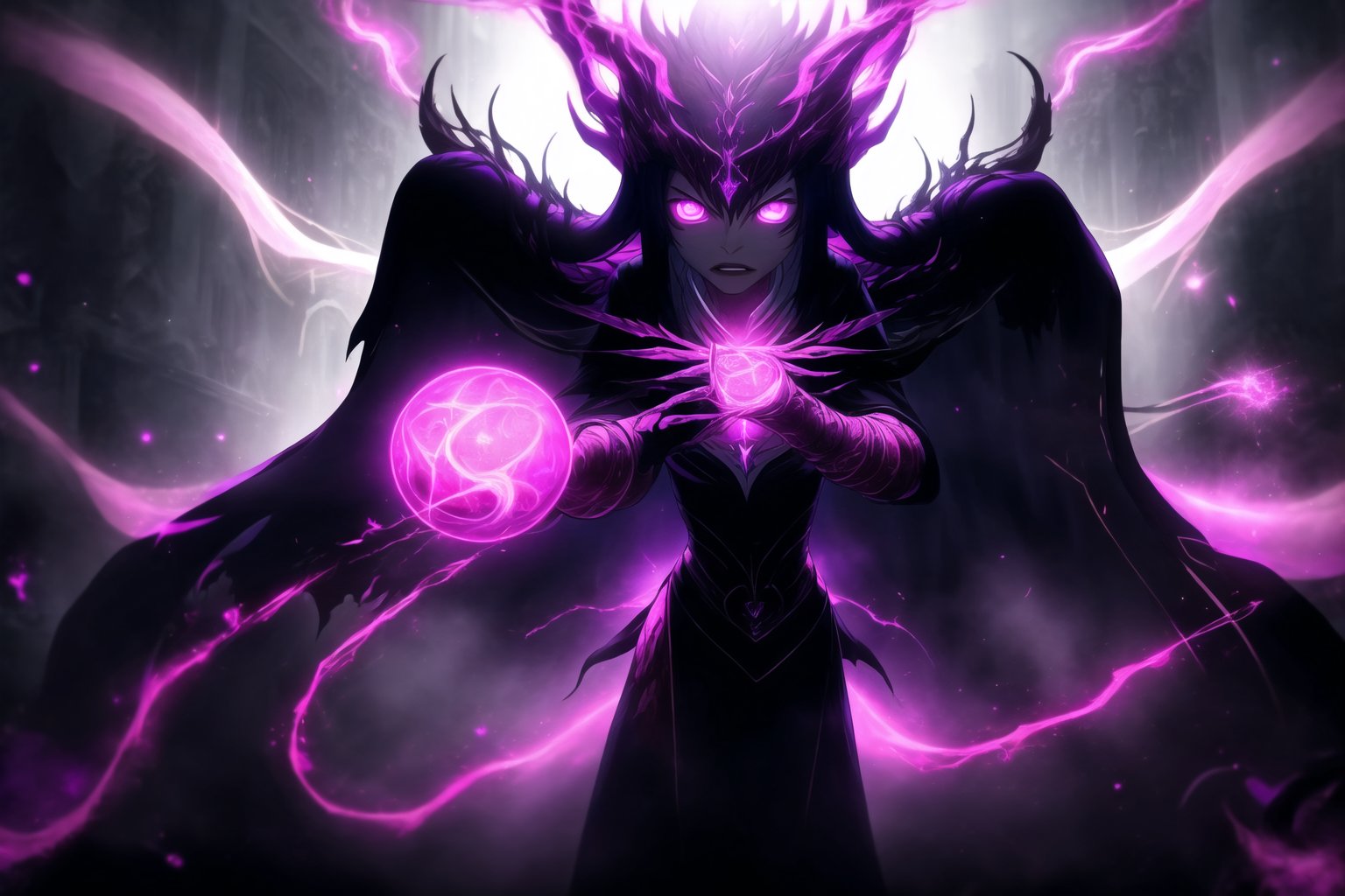 "Dark Sorceress Gwendolyn's Forbidden Power":
gwentennyson, long red hair, now twisted by dark magic, stands menacingly in her corrupted form. Her once-vibrant violet mage attire has transformed into a shadowy, tattered robe, pulsating with forbidden runes and dark flames. Her eyes glow with an ominous purple hue, and her expression is one of cruel dominance. In one hand, she clutches a cursed, blackened grimoire with glowing violet symbols that pulse with dark energy. Her other hand conjures an ominous ball of dark magic, swirling with shadowy tendrils and streaks of purple lightning.
The background is a dark, shattered void, filled with jagged cracks that leak sinister energy. Magic circles of forbidden glyphs spin around her, their deep purples and blacks contrasting against the darkened backdrop. Glistening, arcane chains twist and writhe in the air, like serpents of shadow, while forbidden runes and sigils shimmer in the darkness. Faint whispers of tortured souls emanate from the chaotic magical storm surrounding her. Streaks of corrupted purple flames and black smoke rise from the ground, engulfing the entire scene in a sense of forbidden power. Sharp, electric effects and glowing dark orbs hover in the air, as Gwendolyn channels the full force of her dark sorcery. The entire image glows with an eerie, shadowy light, casting deep, high-contrast shadows, and creating a menacing, oppressive atmosphere.,