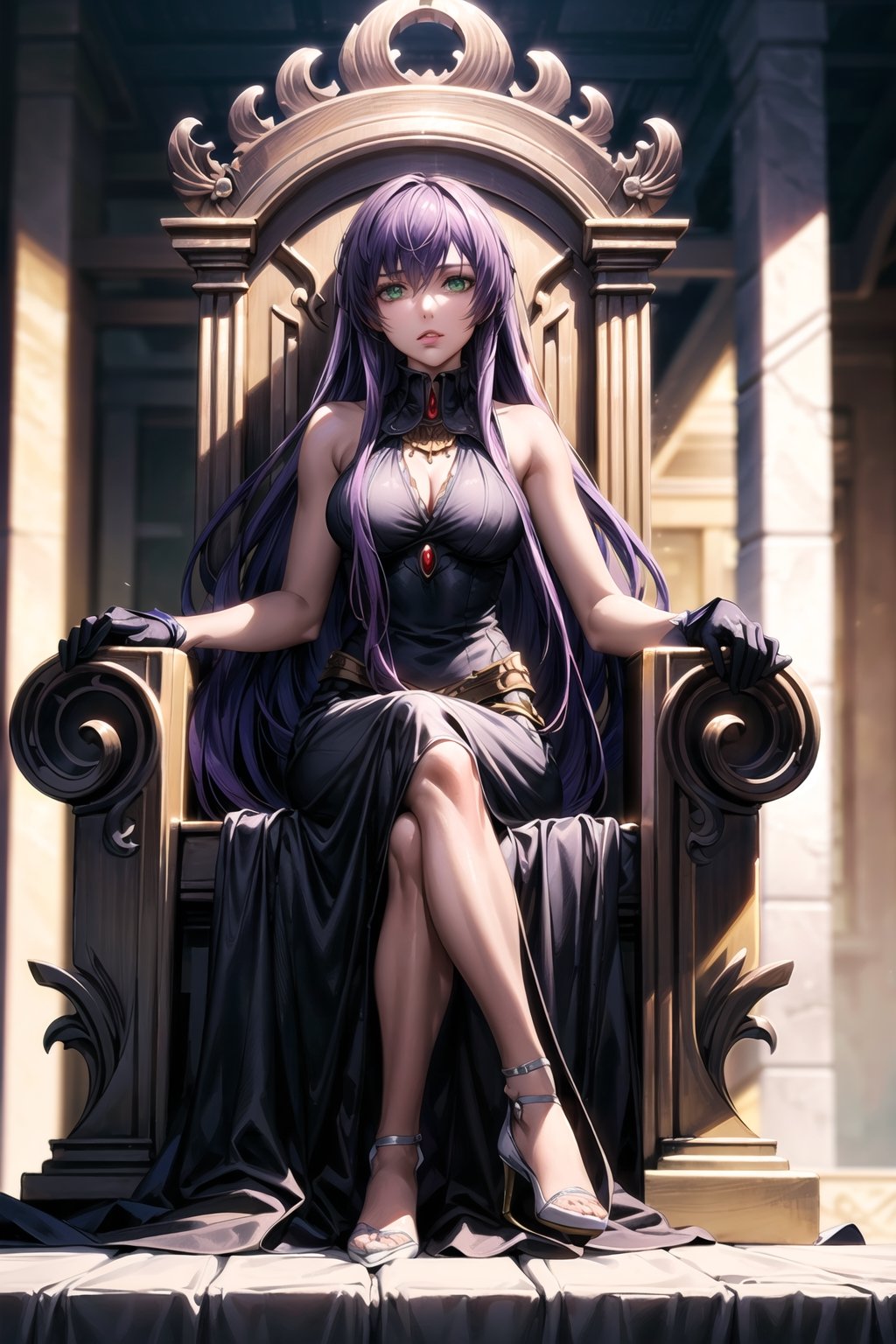 (best quality), (highly detailed), masterpiece, (official art), (sasha, purple hair, long hair, green eyes), black dress, lips, gloves, sitting, full body, female focus ,chair, formal, elegent Dress, glowing eyes, female guards standing on both sides of throne, long curly hair , throne, ,