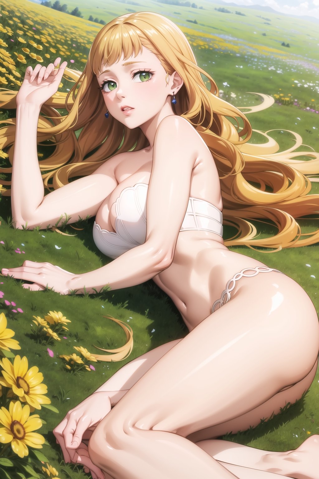 masterpiece, best quality, highres,Sexy, Mimosa Vermillion, dreamy green eyes, earrings, with astounding soft skin and soft pale body, body covered in mimosas flowers, (long brown wavy hair flowing around her until mid-thigs:1.05), sensual look, looking at you, lips, lying on a field of mimosas, fulll body, frontal view, strange fashion Women'sday_theme (Professional illustration)