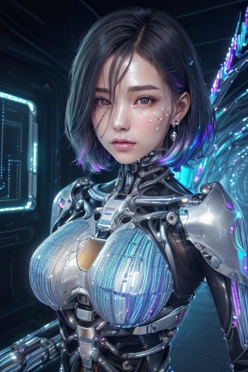 (1girl), (human face:1.3), Highly Detailed Beautiful girl, (extremely detailed beautiful face), Amazing face and eyes, (Highest Quality: 1.4), (Super Detailed), (Very Delicate and Beautiful), Biomechanical Cyborg, Beautiful Natural Shapes, lace, colorful details, diamond earrings, very delicate embroidery, intricate details, ultra-transparent skin, surreal, Super detailed, cyborg girl, realistic, (Innumerable shining internal structures, hollow body interior, made of metal, half human, translucent human body, The inside of the body is an incredibly complex structure made up of countless IC chips: 1.6), iridescent, futuristic, super complex, super beautiful, highly detailed CG unified 8K wallpaper, high resolution raw color photo, professional photo, flesh and blood, (cyber punk, Spiral structure, future urban cyberspace, iridescent illumination, dazzling light:1.35),Extremely Realistic