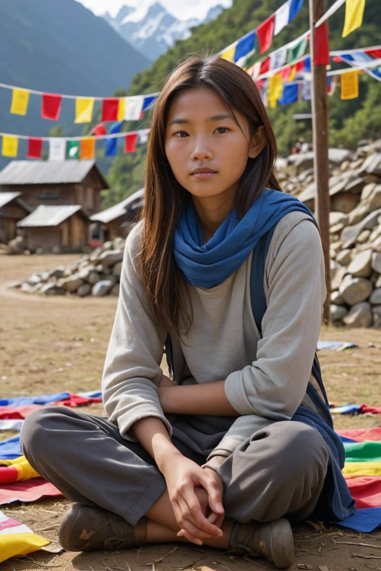 (((1girl))), (((15yo))), from a remote Himalayan village, sits cross-legged, her face aged but serene, surrounded by colorful prayer flags that fill the frame with a dreamlike quality and ethereal,
,photorealistic:1.3, best quality, masterpiece,MikieHara,photo_b00ster