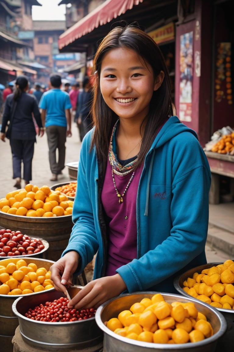1girl, (((15yo))), A street vendor from Kathmandu with a warm and infectious smile selling vibrant products, the scene brimming with life and saturated tones, reminiscent of the bold and engaging images
,photorealistic:1.3, best quality, masterpiece,MikieHara,photo_b00ster