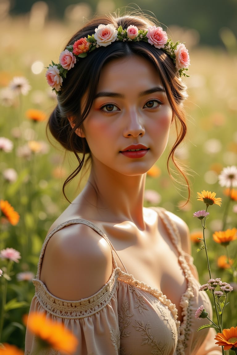 A serene Renaissance shepherdess, radiant in elegance, amidst lush greenery and vibrant wildflowers. Softly lit by warm sunlight, her gentle features glow with a soft focus. The simplicity of the blurred background allows her refined countenance to take center stage. Delicate petals and leaves blur into a dreamy haze, while her intricate attire is rendered in exquisite detail. The high-contrast colors pop against the soft bokeh, creating an enchanting impressionist painting.